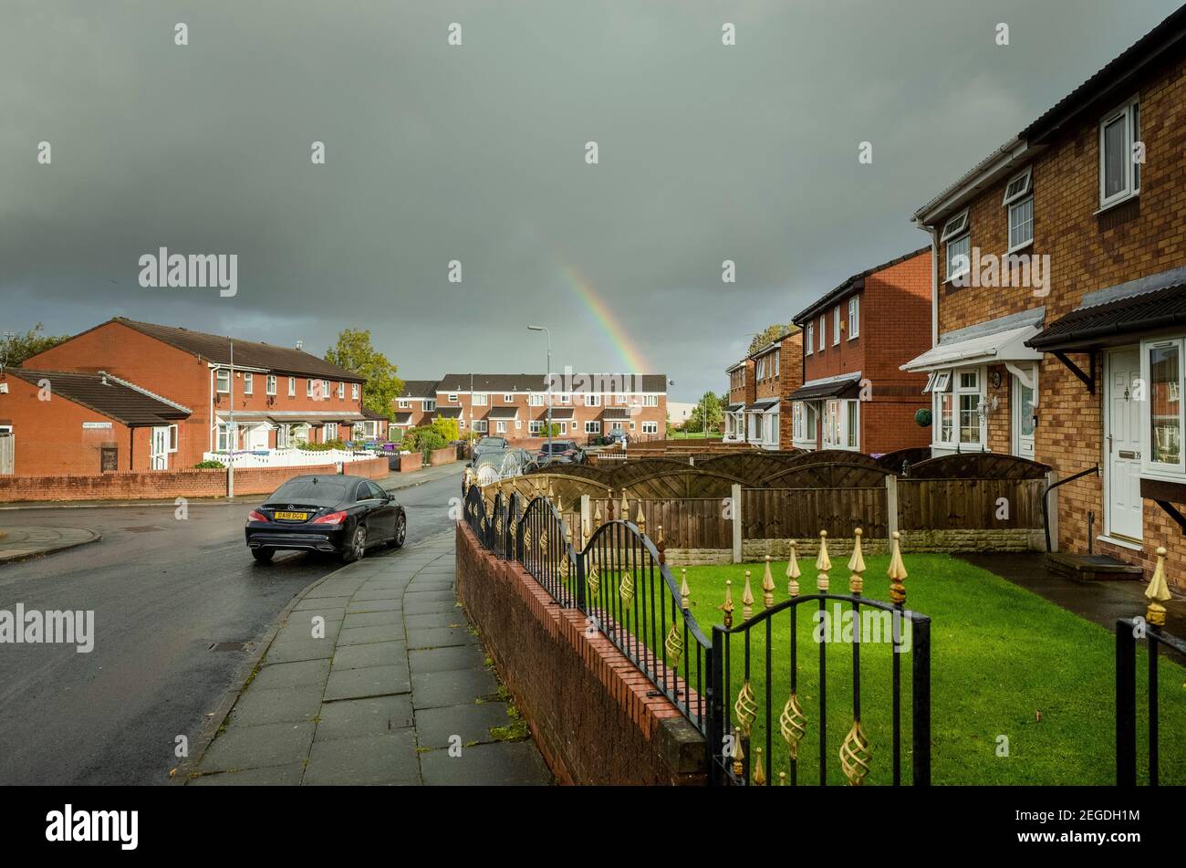 Rainbow in the skies over Beacon Lane in Everton, Liverpool, Merseyside England UK Stock Photo
