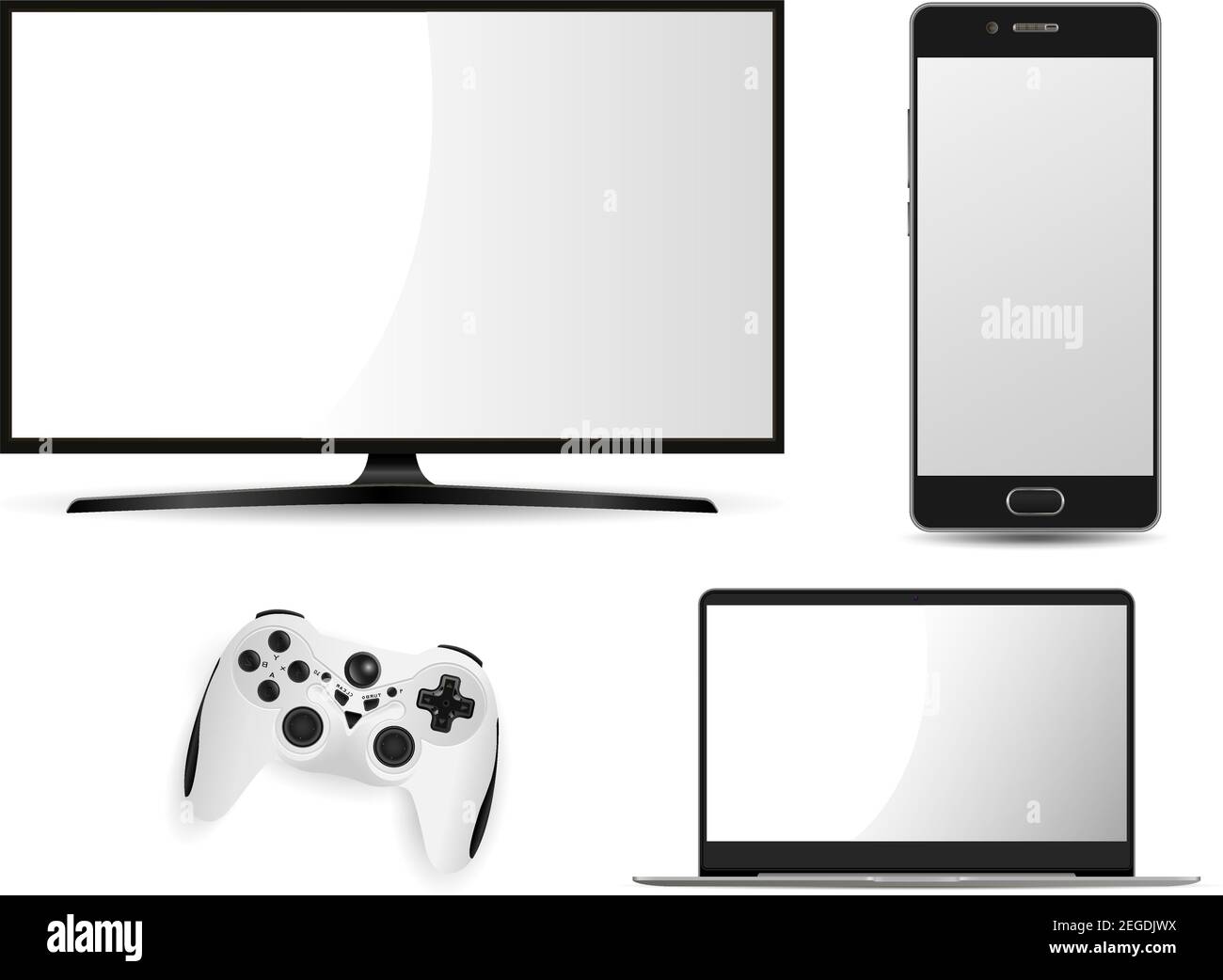 Television, game control, laptop, smartphone mockup. Vector flat smart