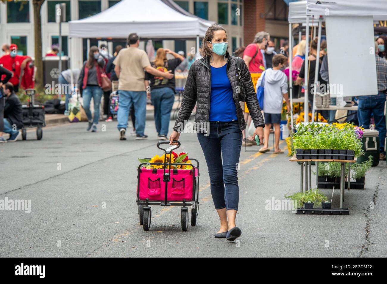 Woman in face mask pulls cart behind her at Silver Spring Farmers