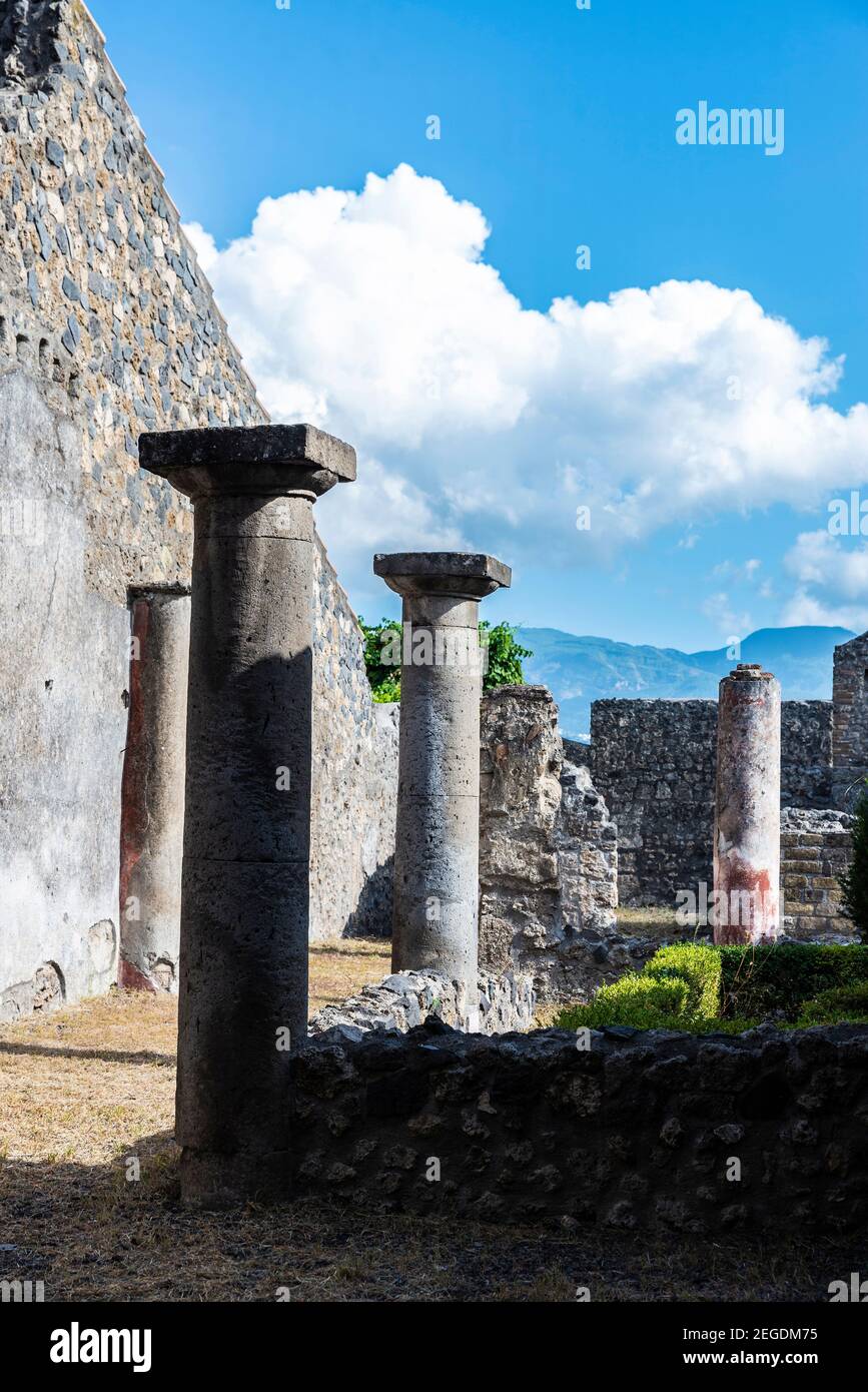 View of the roman ruins of the ancient archaeological site of Pompeii ...