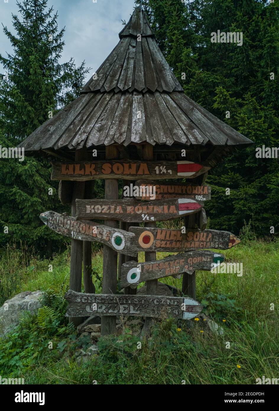 Pieszyce August 20 2019 Wooden road sign with roof in mountains Stock Photo