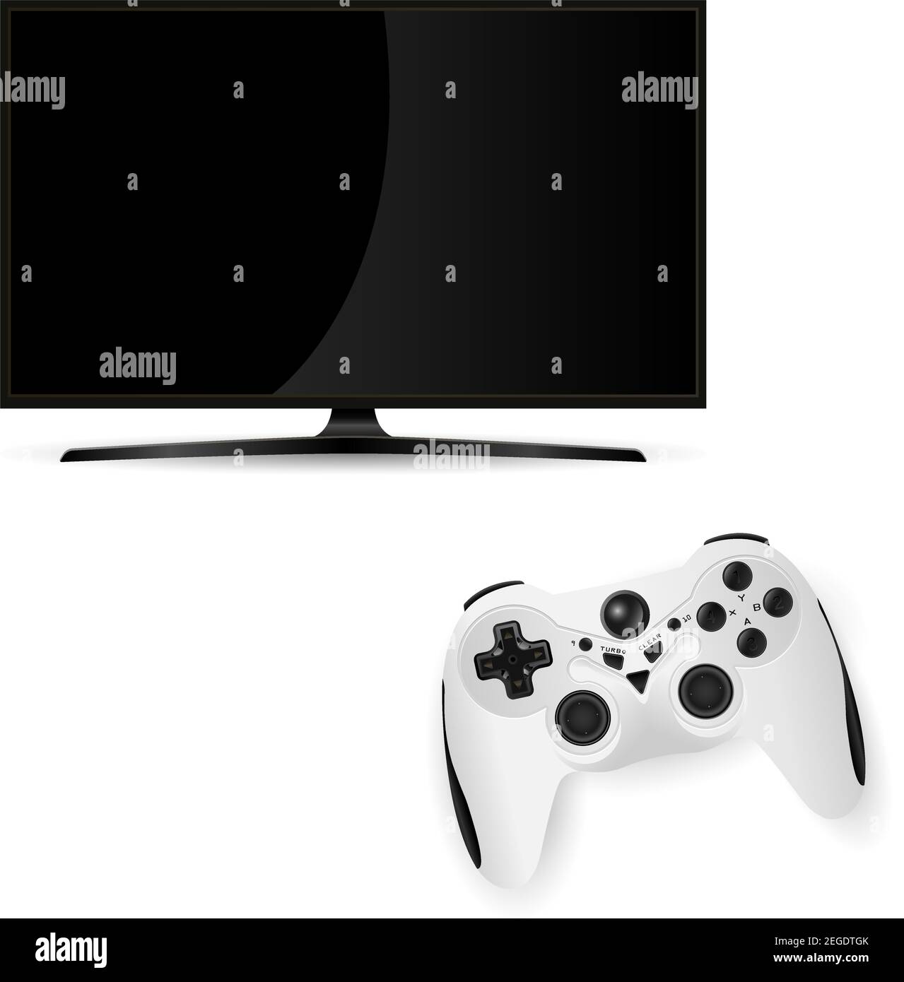 Black Tv Monitor. Vector Flat Television Screen with Gamepad Controller. Videogame Challenge Console. Modern Lcd Plasma on Stand with Joystick isolate Stock Vector