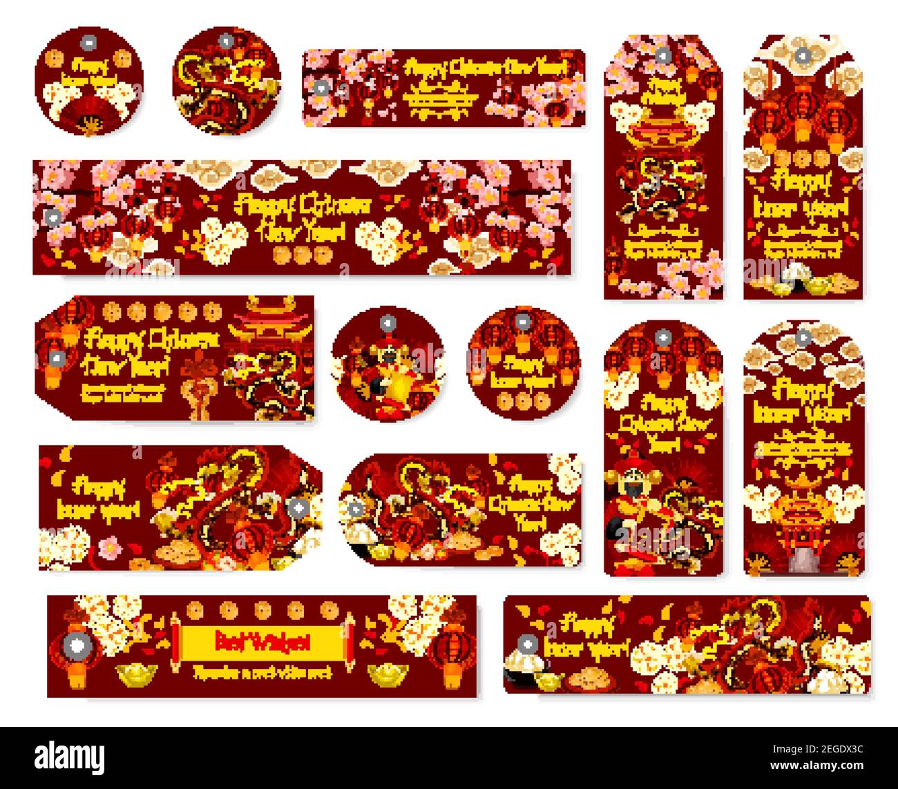 chinese new year tag and asian spring festival gift label set god of wealth with fortune coin and gold ingot oriental red lantern dragon temple pa 2EGDX3C chinese new year tag and asian spring festival gift label set. god