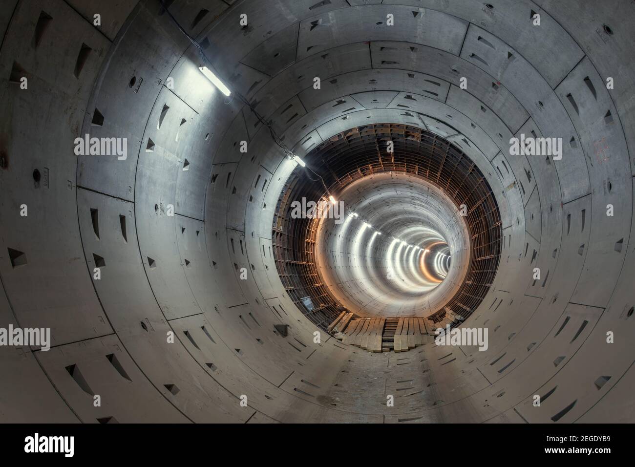 Construction of an underground metro line. New subway tunnel without rails Stock Photo