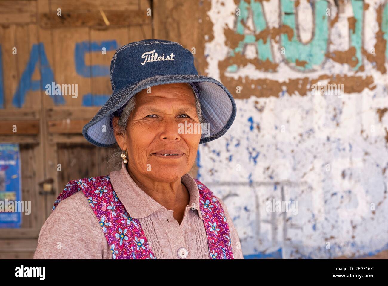 Close up portrait of local elderly Bolivian woman, Sud Chichas Province, Potosí Department, Bolivia Stock Photo