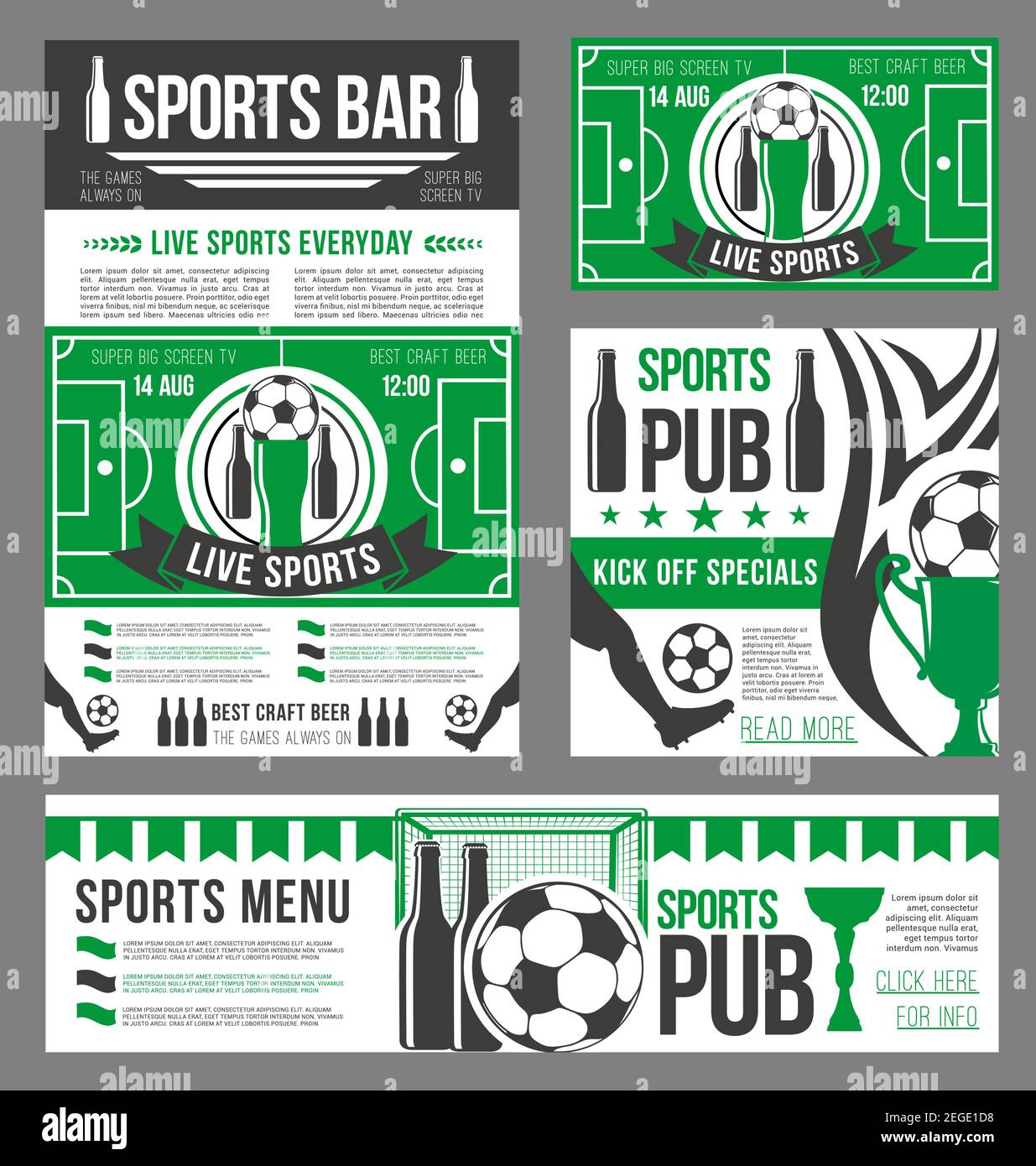 Football sport pub banner template with soccer ball, beer drink. Sport bar menu and football