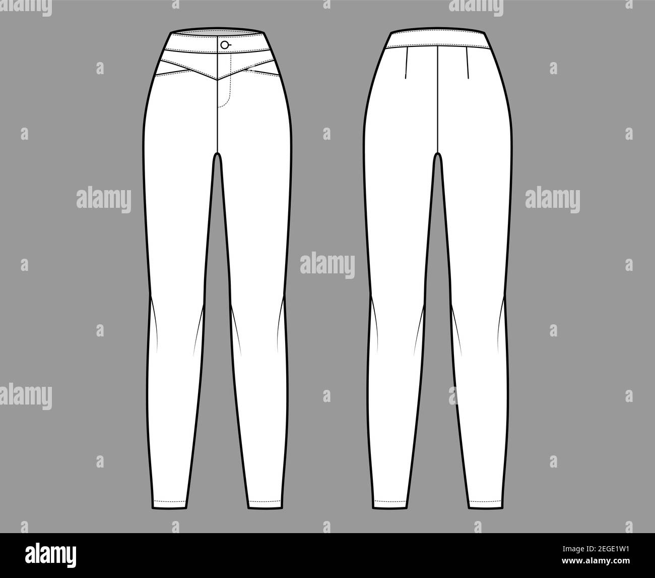 Yoked pants technical fashion illustration with normal waist, high rise, full length, fitted