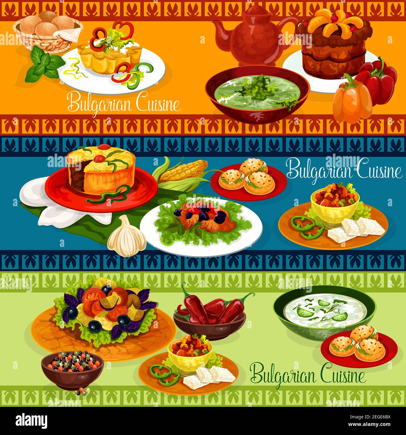 Bulgarian food banner for balkan cuisine restaurant menu design. Vegetable salad, stuffed pepper with cheese and cucumber yogurt soup, beef stew with Stock Vector