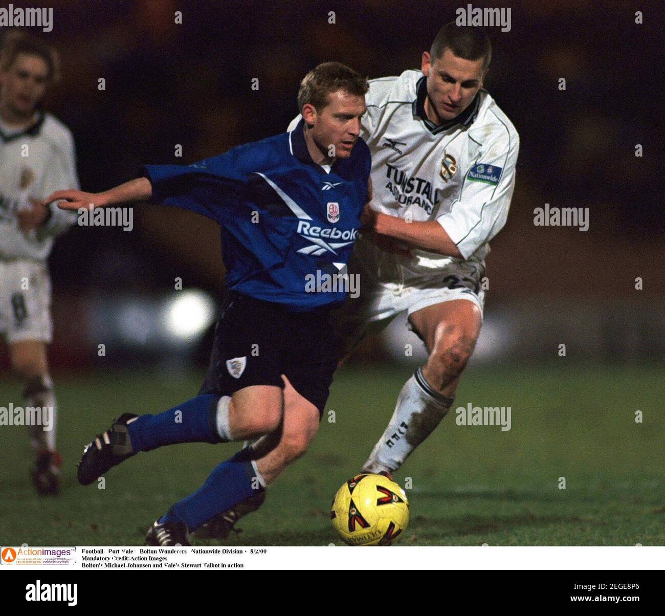 Football - Port Vale v Bolton Wanderers , Nationwide Division 1  8/2/00  Mandatory Credit:Action Images  Bolton's Michael Johansen and Vale's Stewart Talbot in action Stock Photo