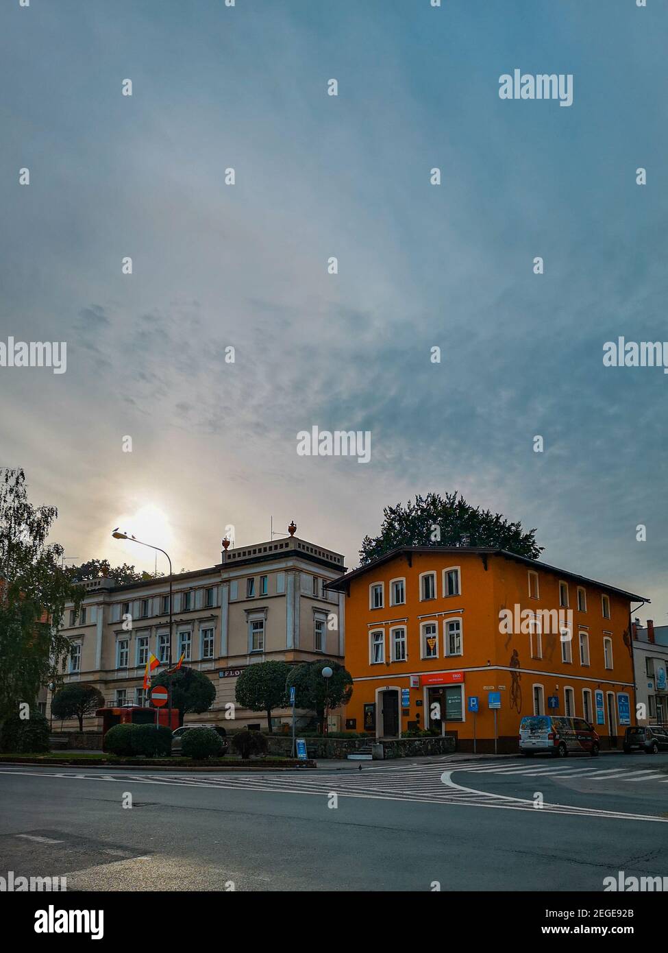Jelenia Gora September 8 2019 City streets and colorful buildings at cloudy morning Stock Photo