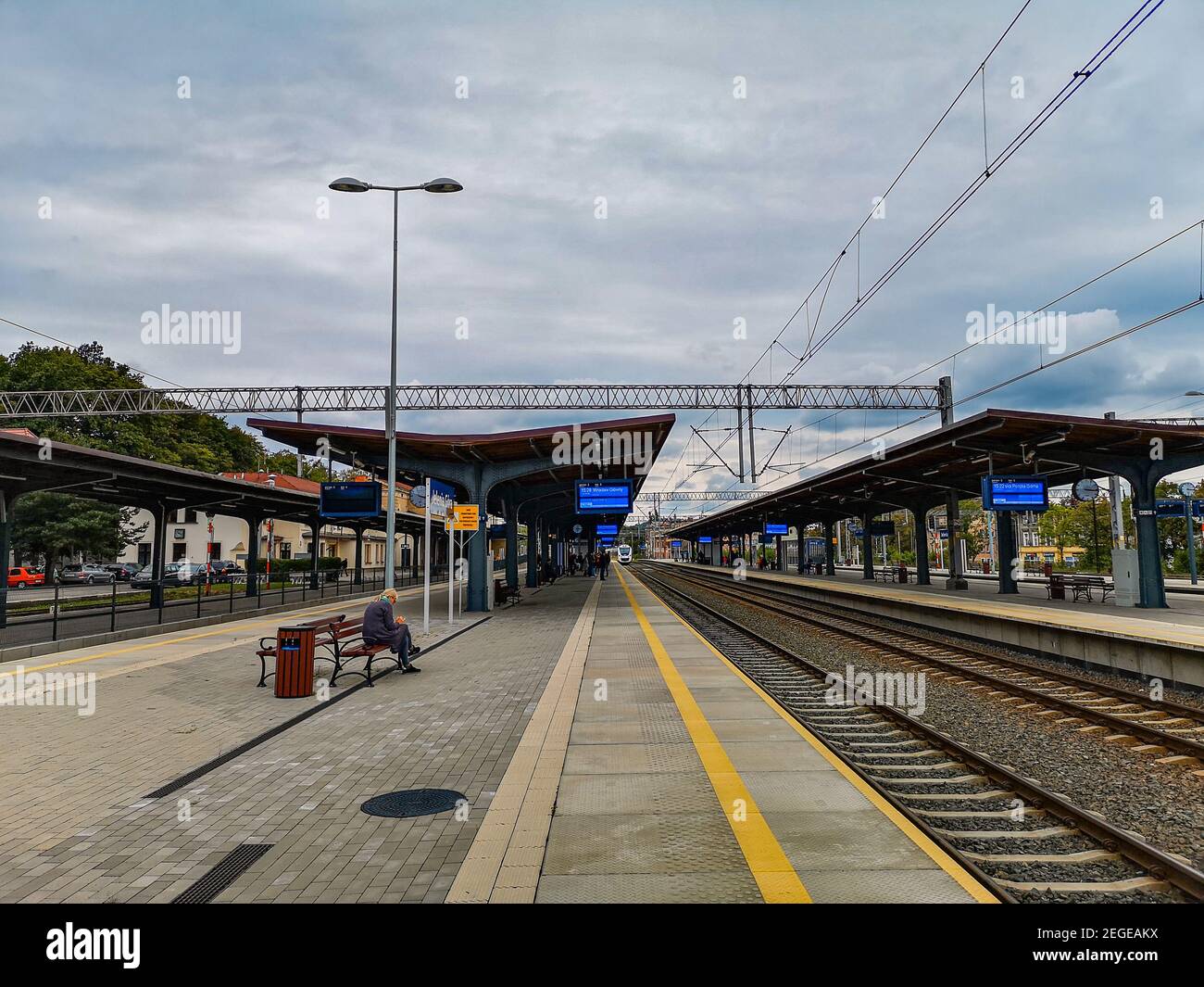 Jelenia Gora September 8 2019 Railway station with incoming train Stock Photo