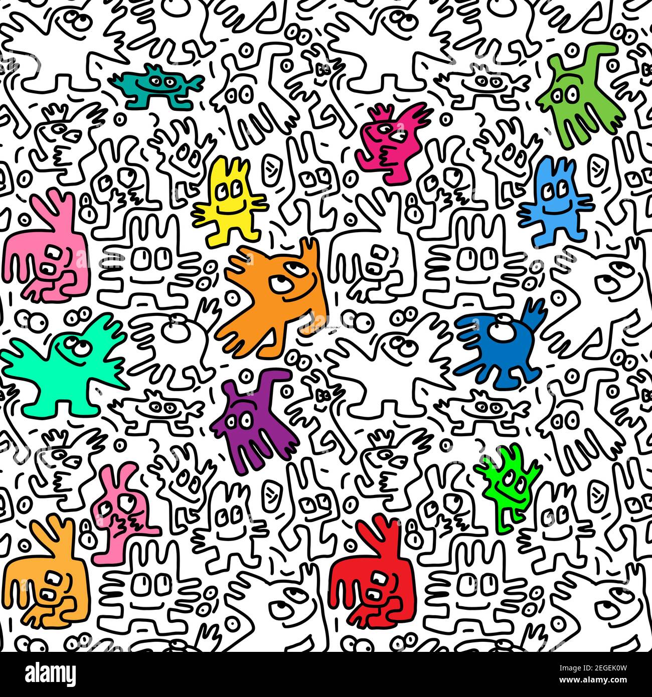 Seamless doodle pattern with little cute color monsters. Hand drawn ...