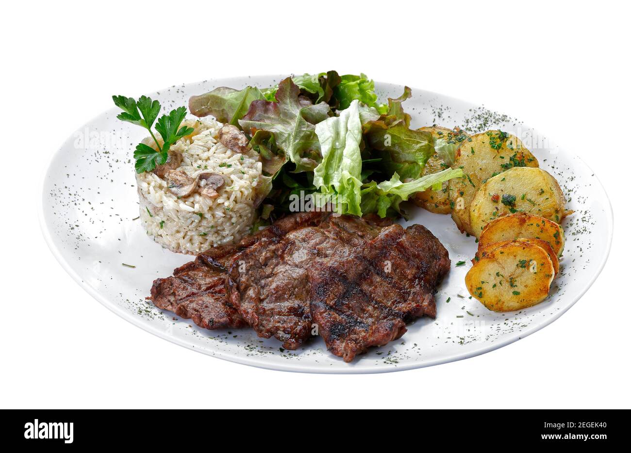 Beef steak with potatoes and rice in isolated white background Stock ...