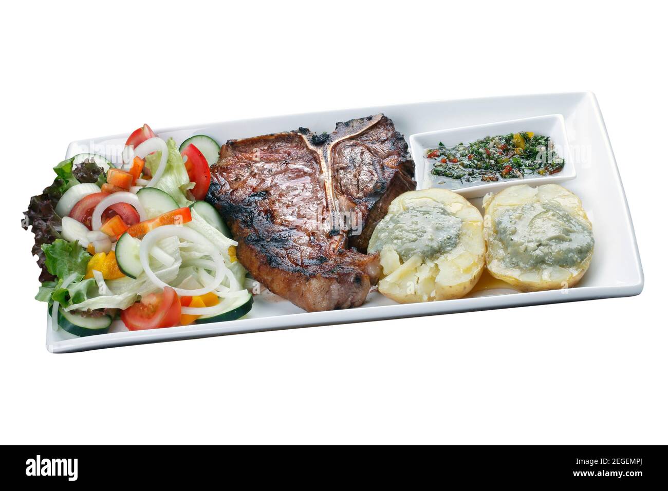 t bone steak with potato salad and vegetables Stock Photo - Alamy