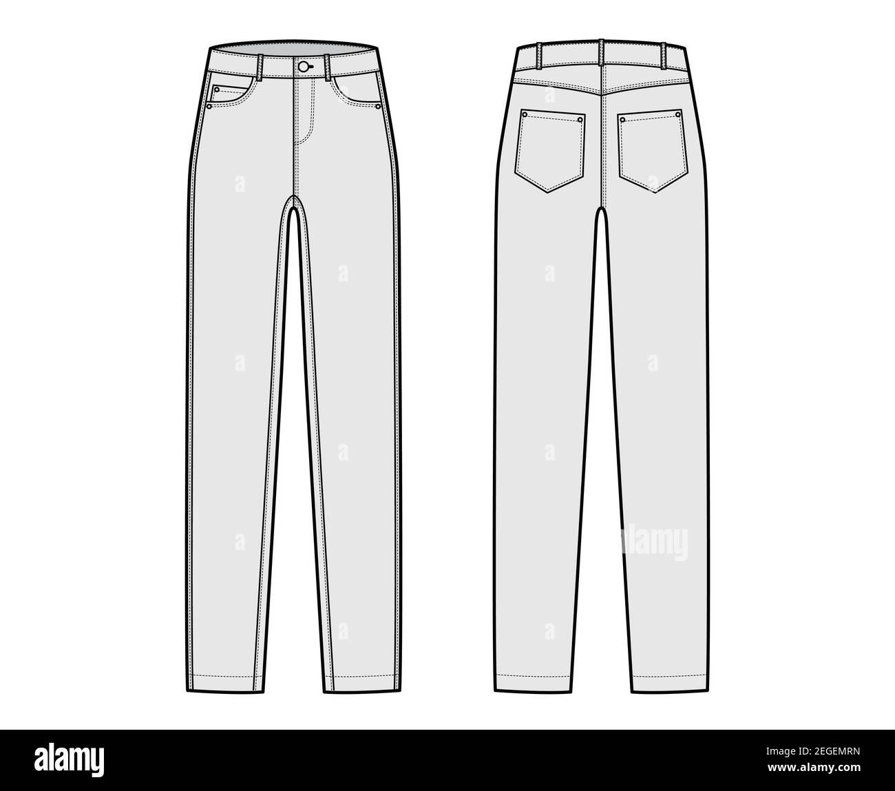 Skinny Jeans Denim pants technical fashion illustration with full length,  normal waist, high rise, coin, angled