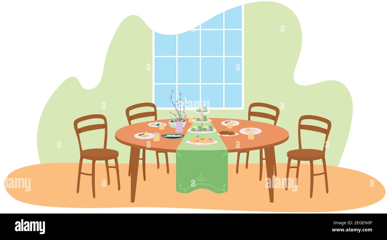 Easter dinner table setting 2D vector web banner, poster Stock Vector