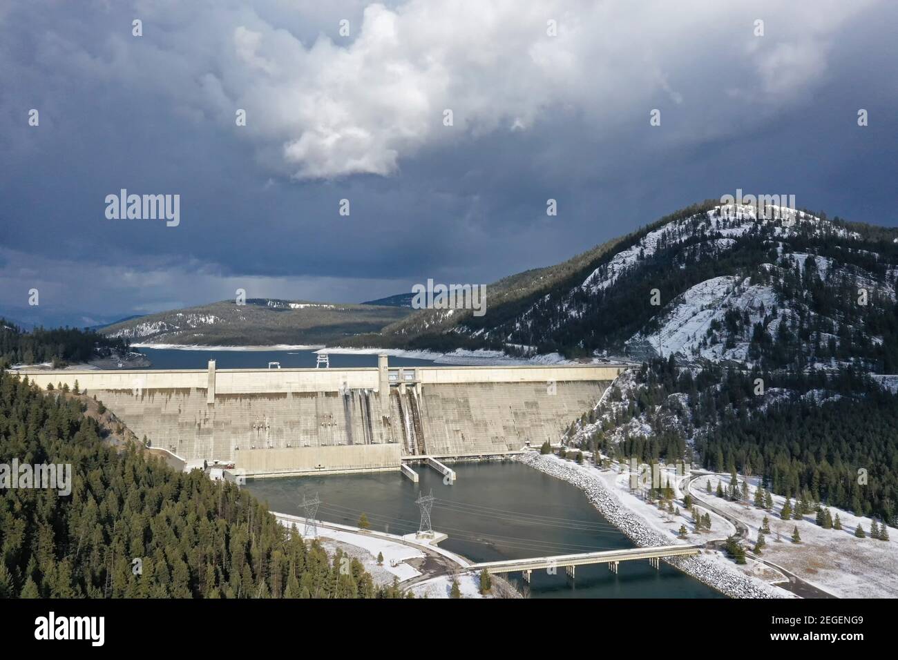 Libby Dam and Lake Koocanusa with approaching storm. Lincoln County, Montana. (Photo by Randy Beacham) Stock Photo