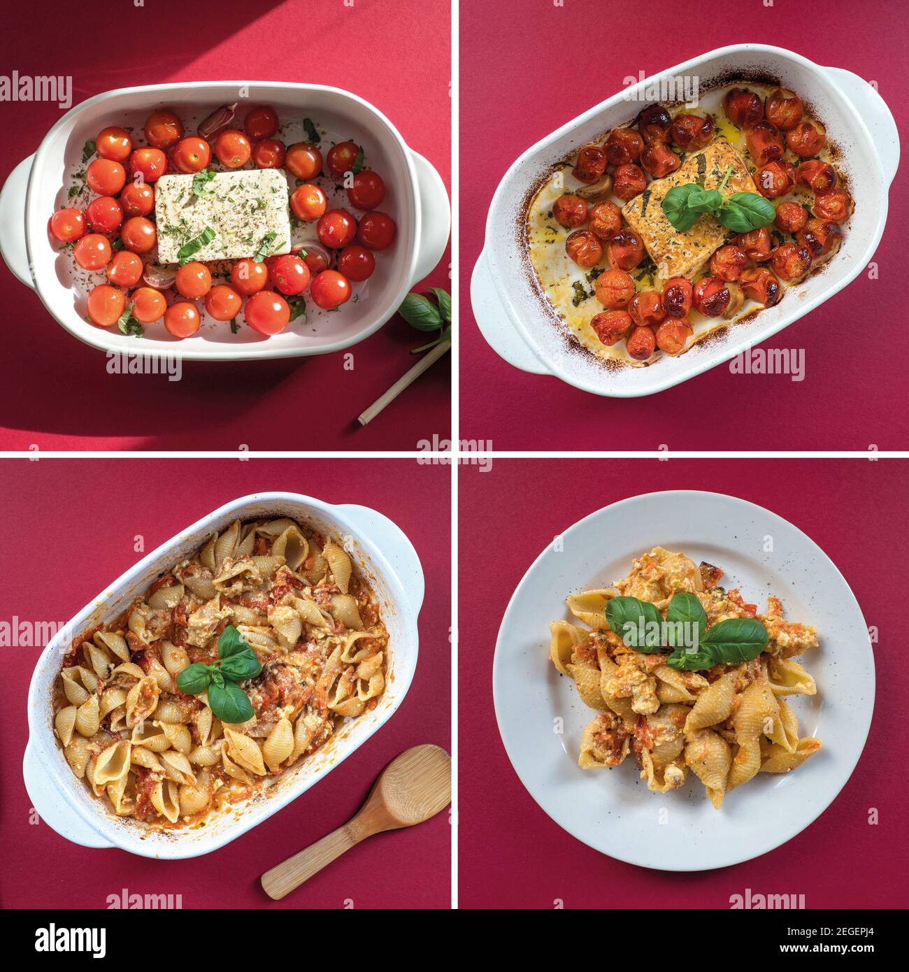 Step by step cooking instructions for the viral Feta bake pasta recipe with roasted cherry tomatoes, cheese, herbs and garlic. Stock Photo