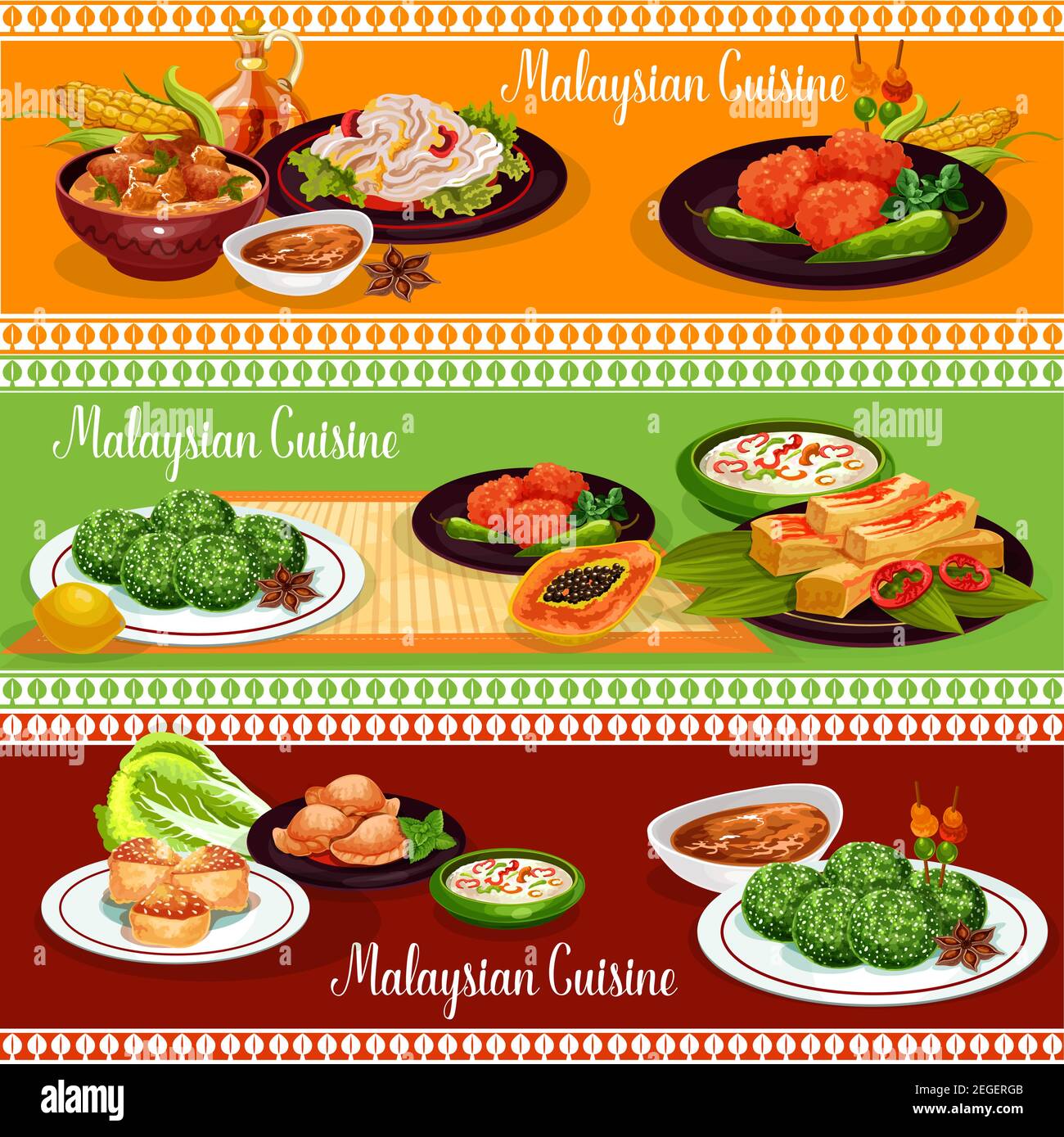 Malaysian cuisine restaurant banner of exotic asian dishes. Rice nasi lemak, served with vegetable and chilli sauce, chicken stew and meat pie, fried Stock Vector