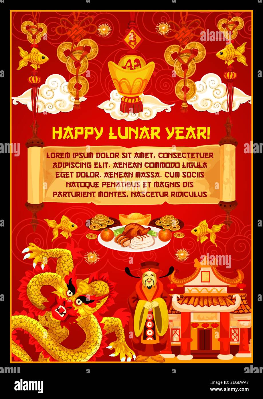 Happy Lunar Year Greeting Card For Chinese New Year Celebration. Oriental  Spring Festival Pagoda, Dragon And God Of Wealth Banner, Adorned By Lucky  Co Stock Vector Image & Art - Alamy