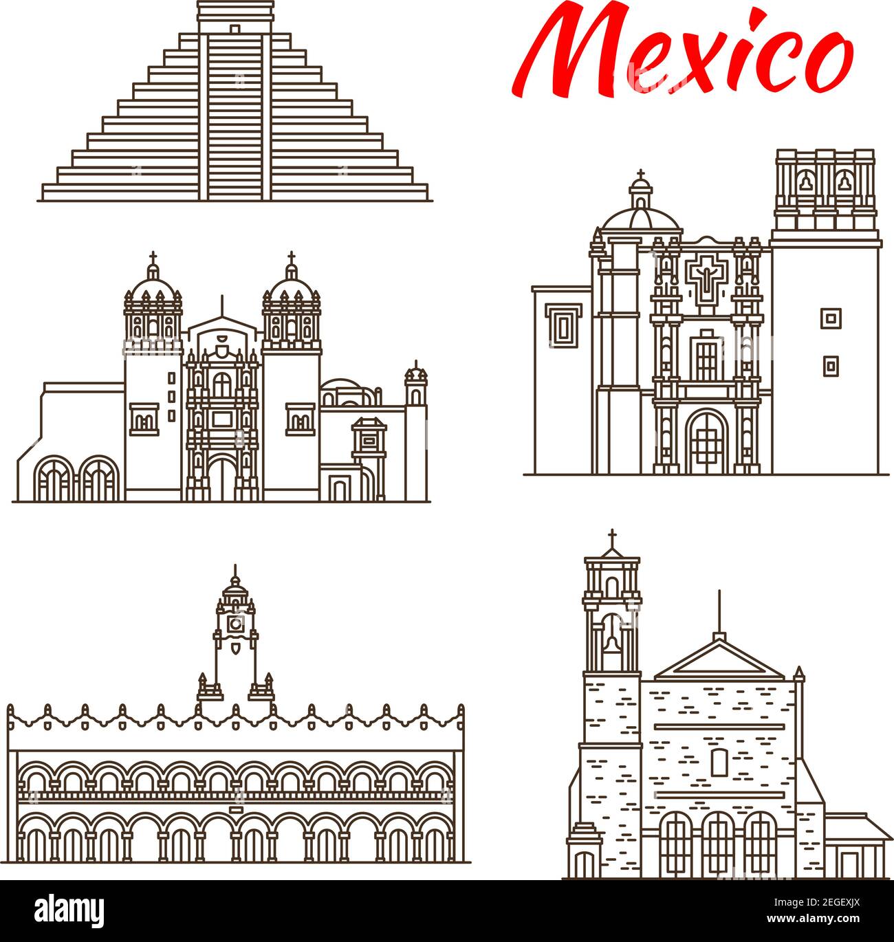 Travel landmark of Mexico and ancient Mesoamerica icon. Sacromonte Church, Aztec Pyramid of Chichen Itza and Saint Augustin Church, Monastery of Santo Stock Vector