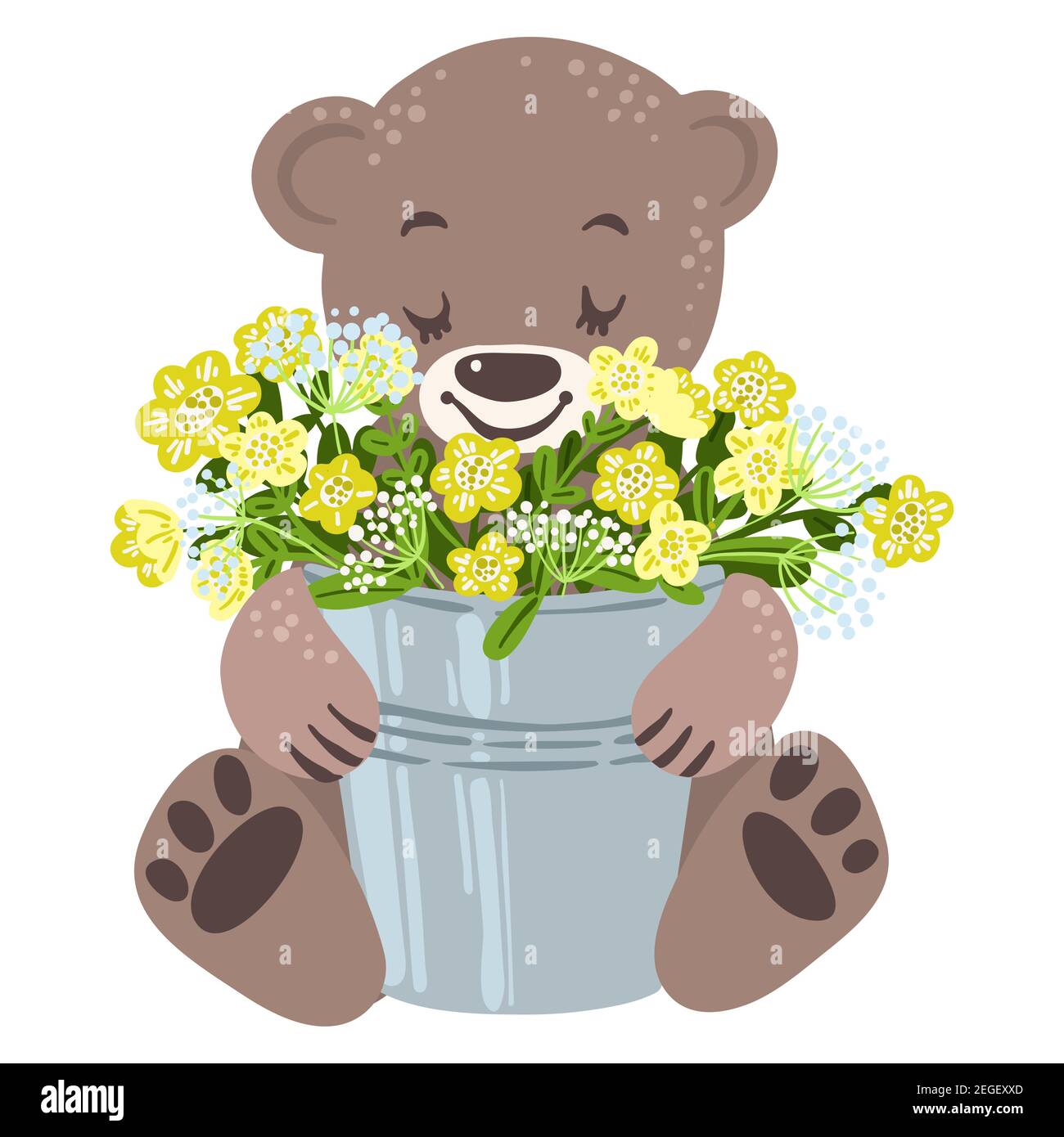 Baby bearand buckerful with spring yellow flowers, vector illustration ...