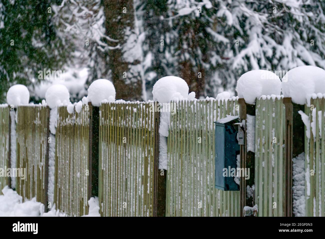 The fence posts are covered with white snow Stock Photo - Alamy