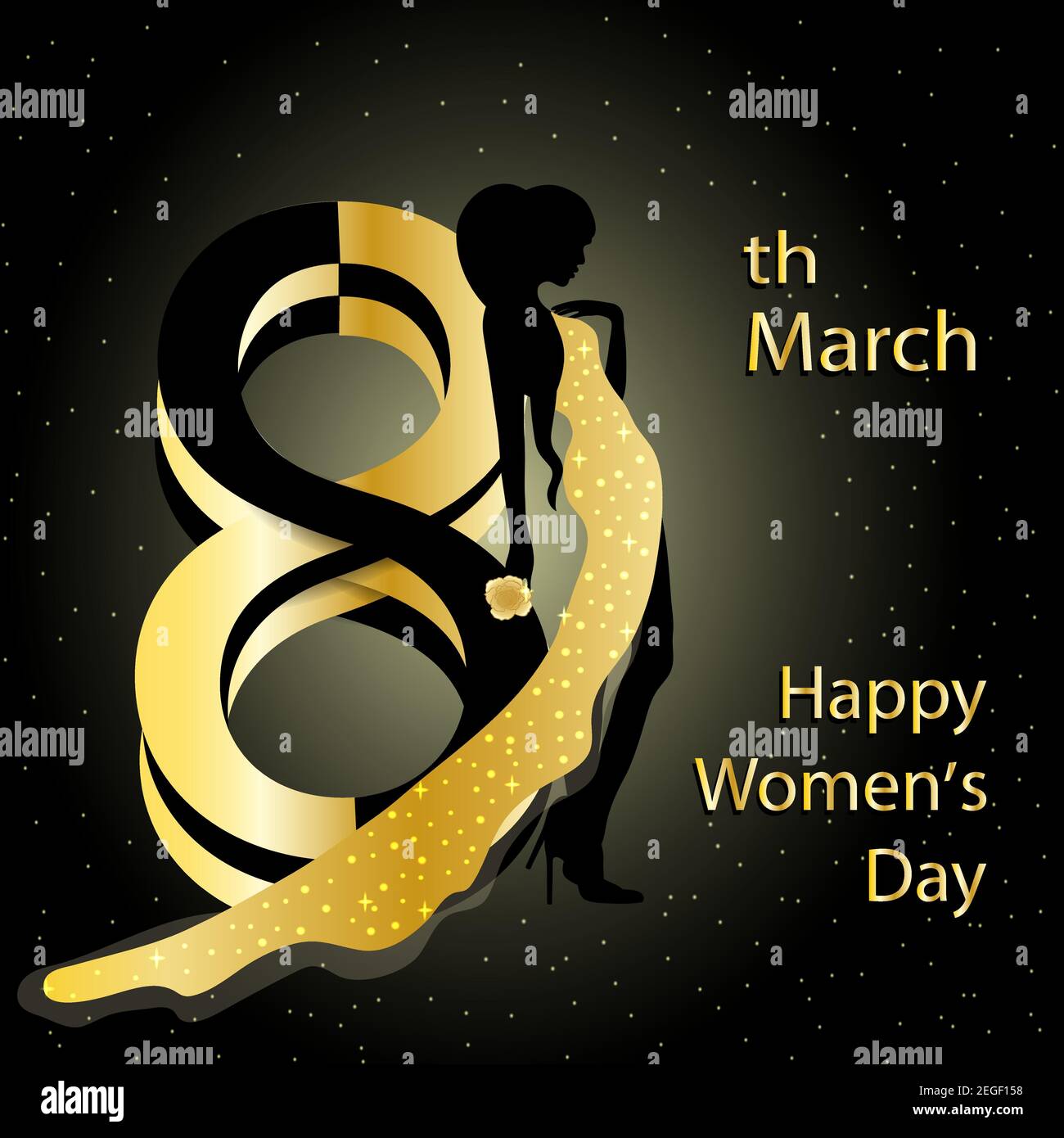 Womens day greeting card with girl in gold dress Stock Vector