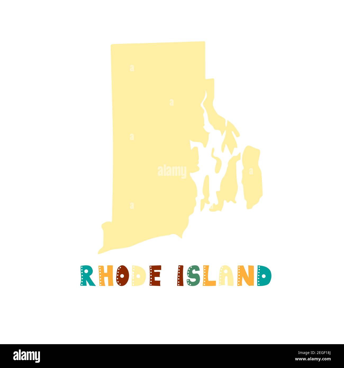 Rhode Island map isolated. USA collection. Map of Rhode Island - yellow silhouette. Doodling style lettering on white Stock Vector