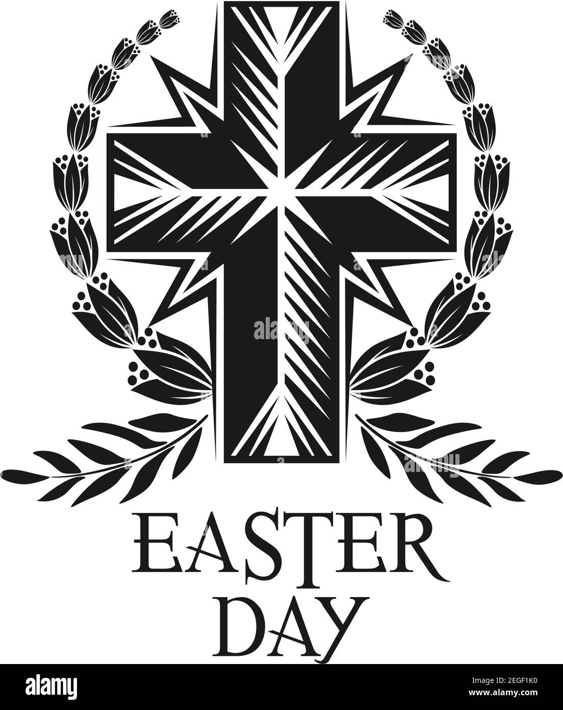 Easter religious holiday icon of cross in laurel wreath or flower and leaf branch decoration. Vector isolated cross crucifix for Christian religious E Stock Vector