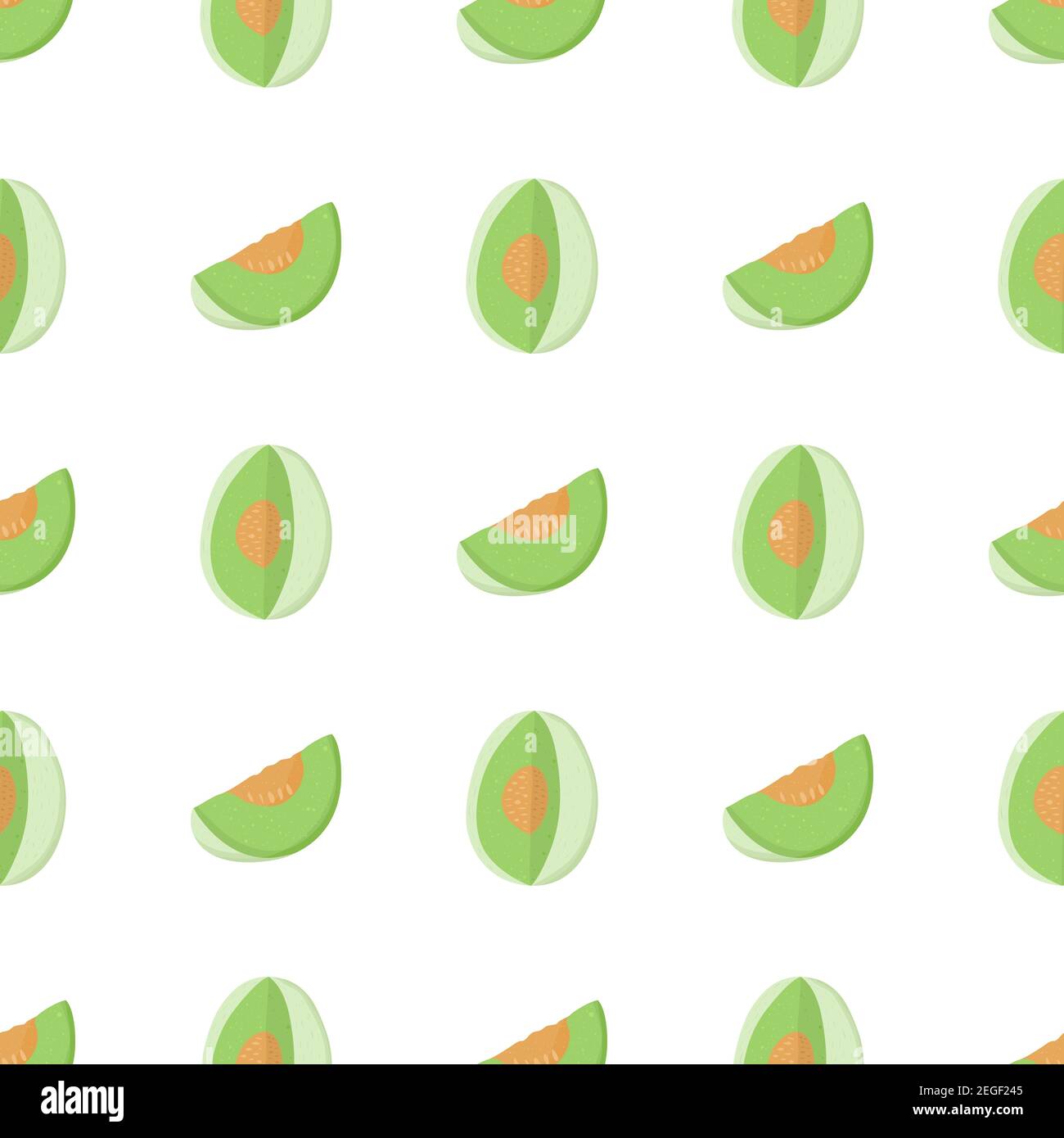 Cartoon illustration with green whole honeydew and slice seamless pattern. Sweet melon fruit art for print design, fabric, textile, wrapping paper. Fresh cantaloupe melon background. Stock Vector