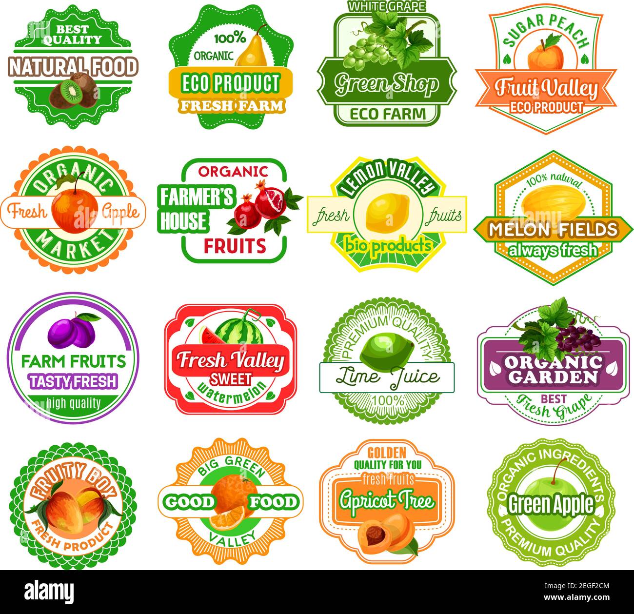 Fruits icons and labels for fruit juice or farmer market products ...