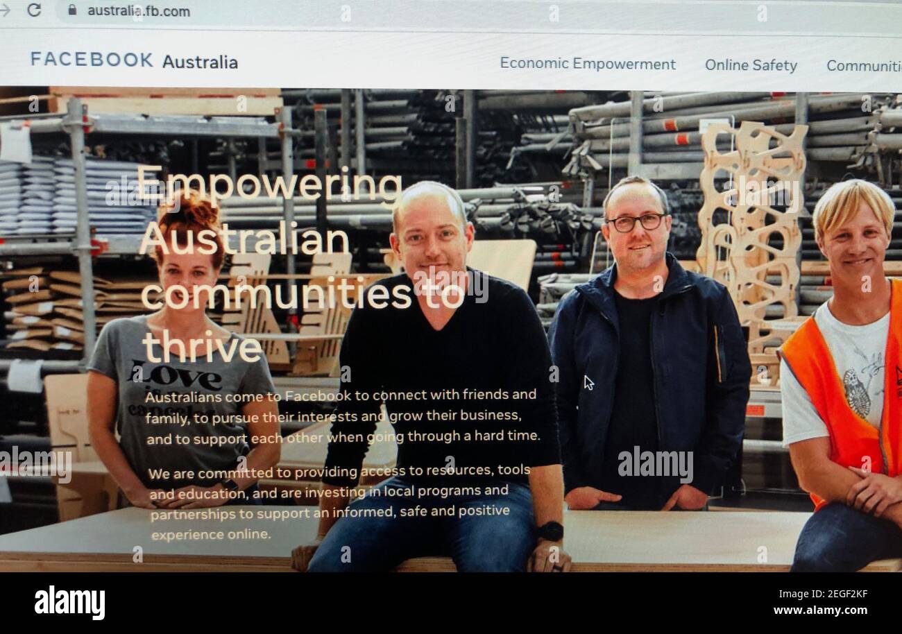 Australia. 18th Feb, 2021. A shot displays a browser a Facebook web in Australia. The social media giant announced that it would restrict people and publishers from sharing or