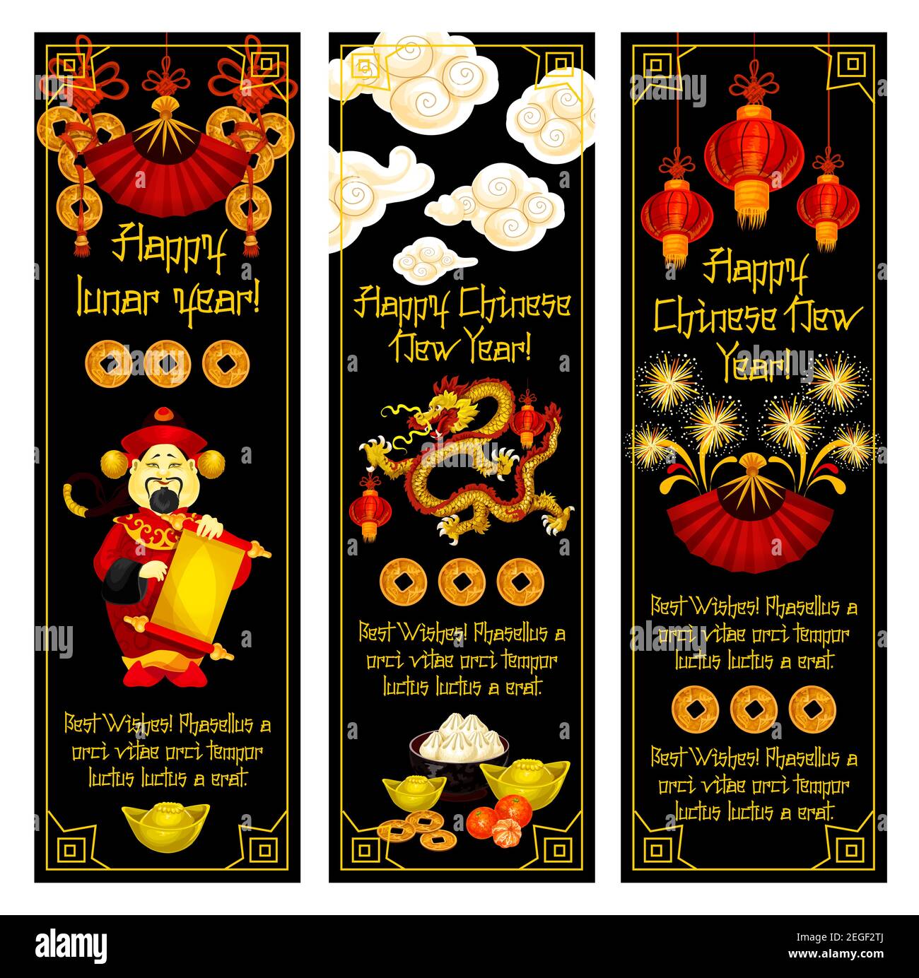 Chinese New Year banner set. Dancing dragon, god of wealth and folding fan greeting card, decorated by spring festival lantern, golden coin, firework Stock Vector