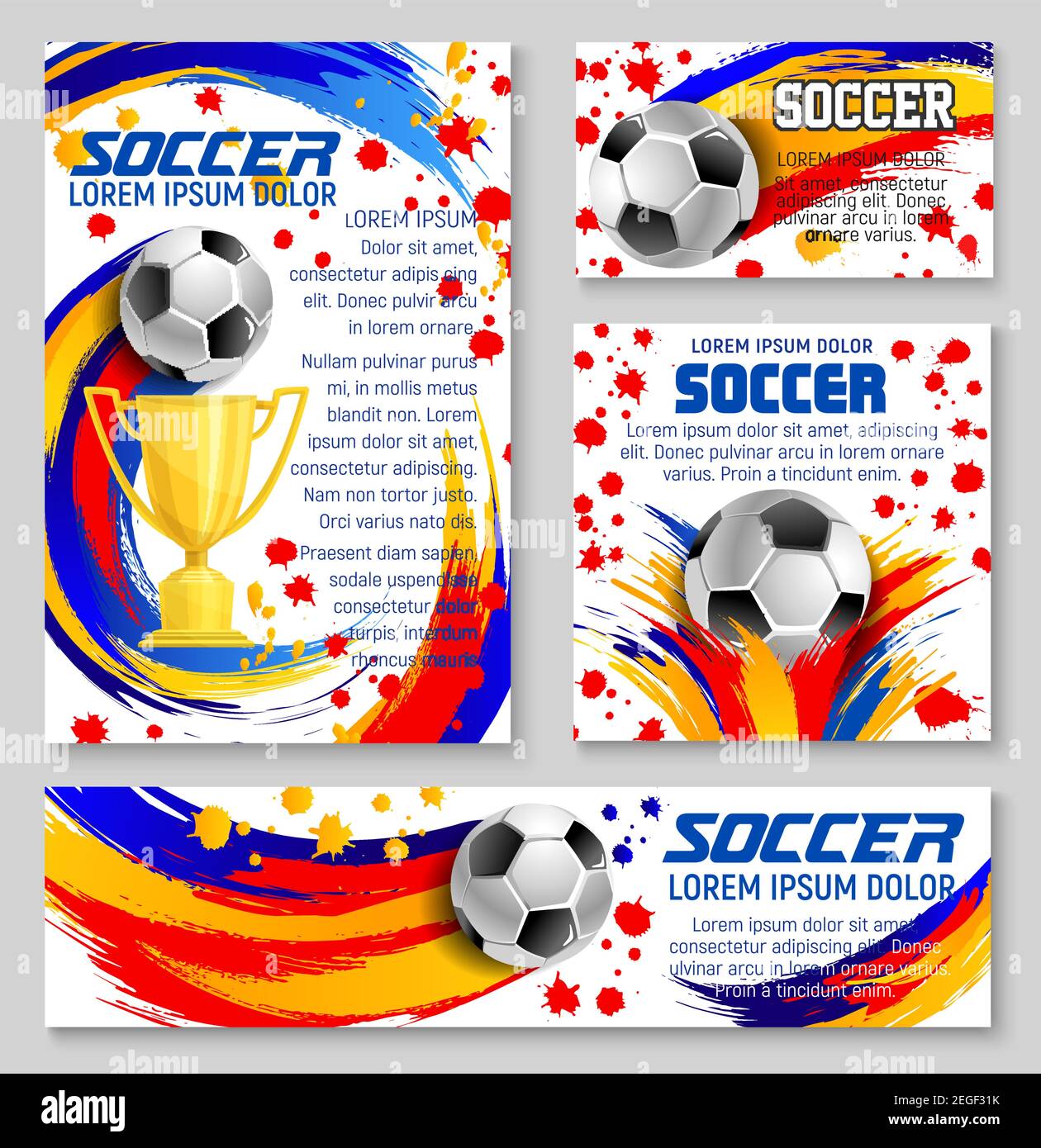 Soccer ball banner template for football sport game design. Golden winner  cup or trophy with soccer ball, decorated by colorful paint splashes, brush  Stock Vector Image & Art - Alamy