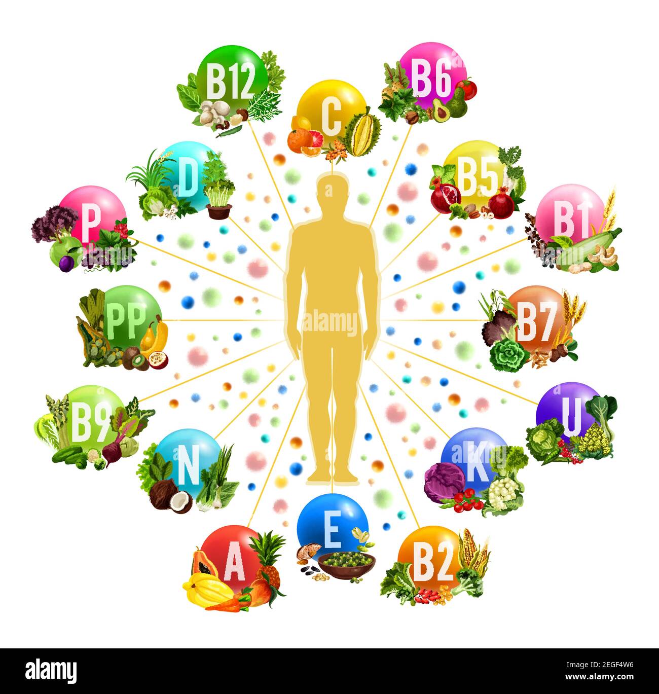 Vitamin and mineral food sources poster for healthy eating and diet nutrition design. Human silhouette, surrounded with fresh fruit, vegetable and nut Stock Vector