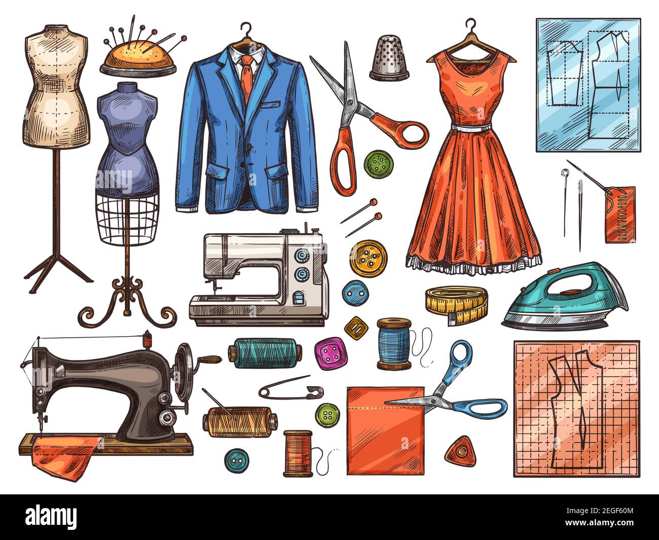 Sewing tool and tailor equipment sketch for atelier or fashion workshop  design. Sewing machine, needle and scissors, thread, button and pin,  mannequin Stock Vector Image & Art - Alamy