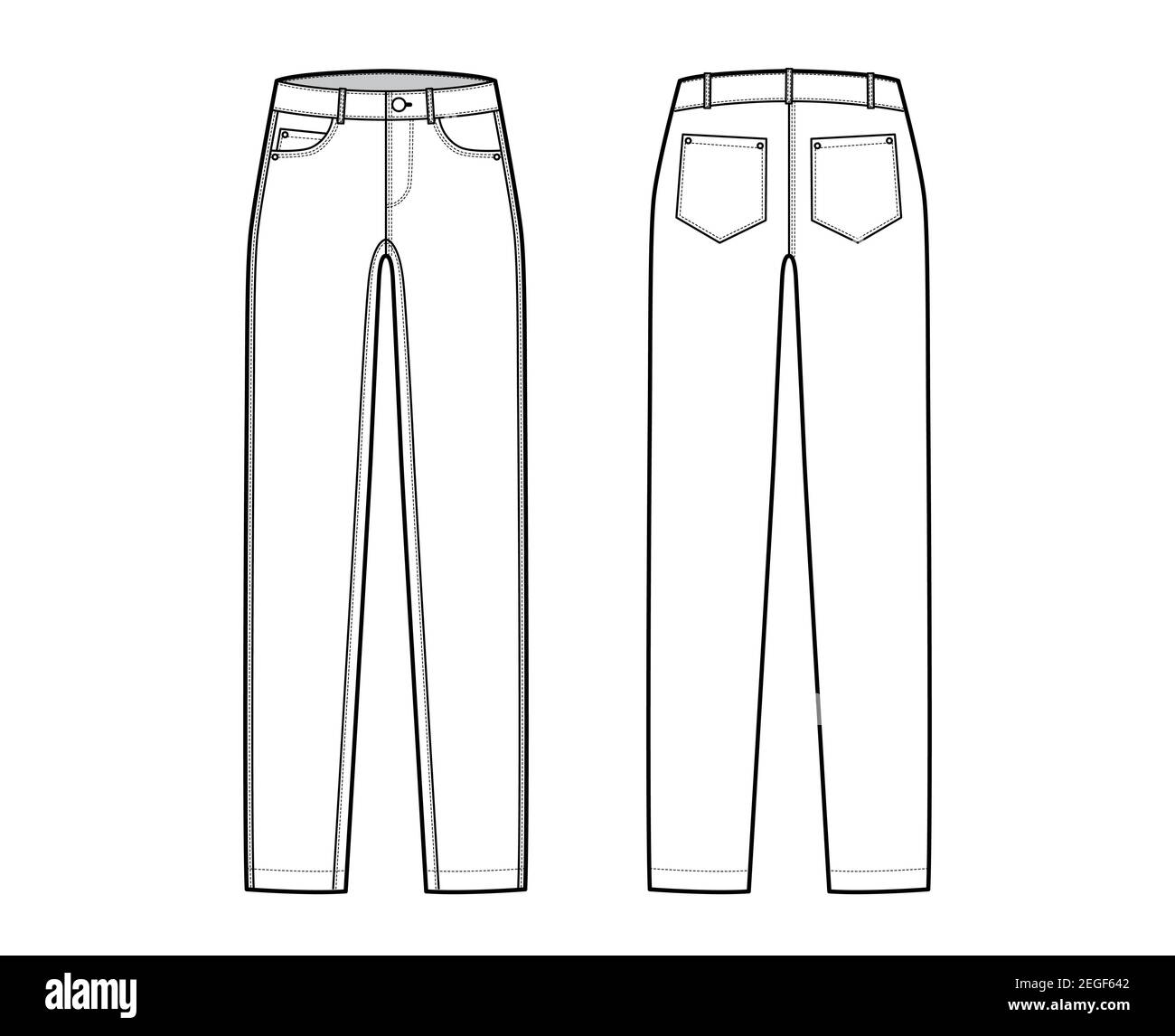 Skinny Jeans Denim pants technical fashion illustration with full length, low waist, rise, curved, angled 5 pockets, Rivets. Flat bottom template front, back, white color style. Women, men CAD mockup Stock Vector