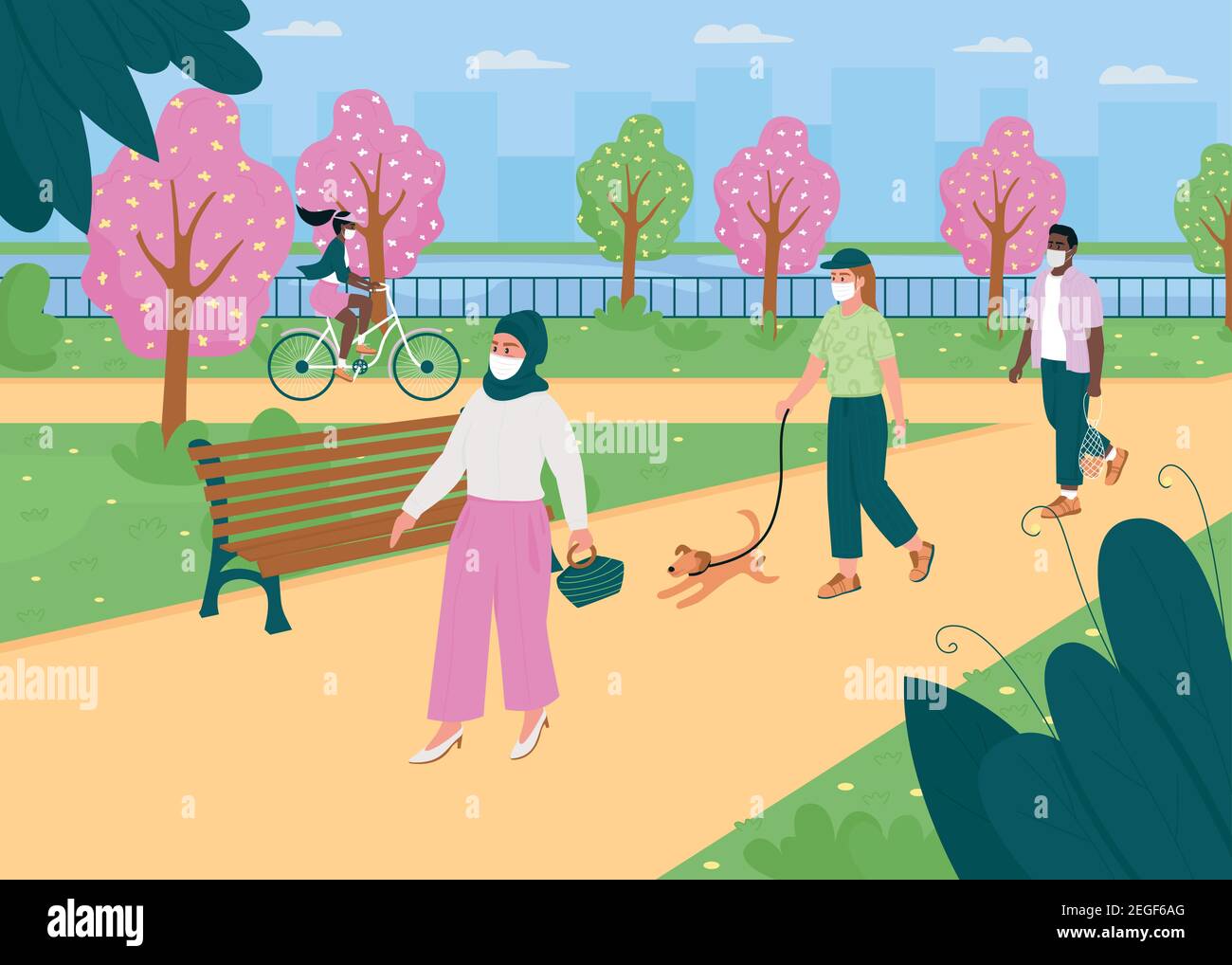 Walk in spring park during quarantine flat color vector illustration ...