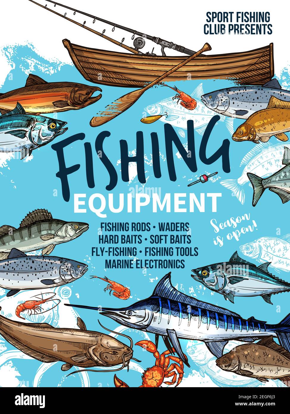 Fishing equipment banner with fish and fishing boat. Fishing rod, hook and  bait, reel, tackle and lure sketch poster with salmon fish, tuna and marlin  Stock Vector Image & Art - Alamy