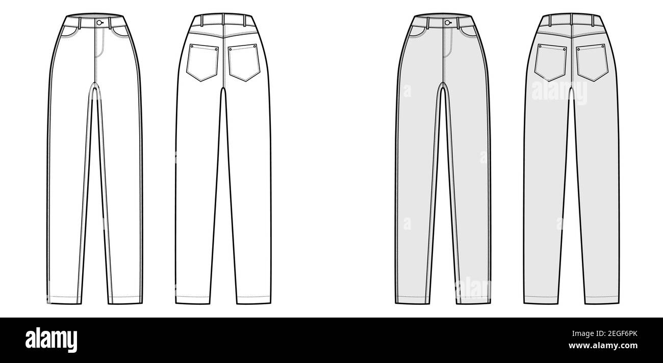 Skinny Jeans Denim pants technical fashion illustration with full length, normal waist, coin, angled 5 pockets, Rivets. Flat bottom template front, back white grey color style. Women unisex CAD mockup Stock Vector