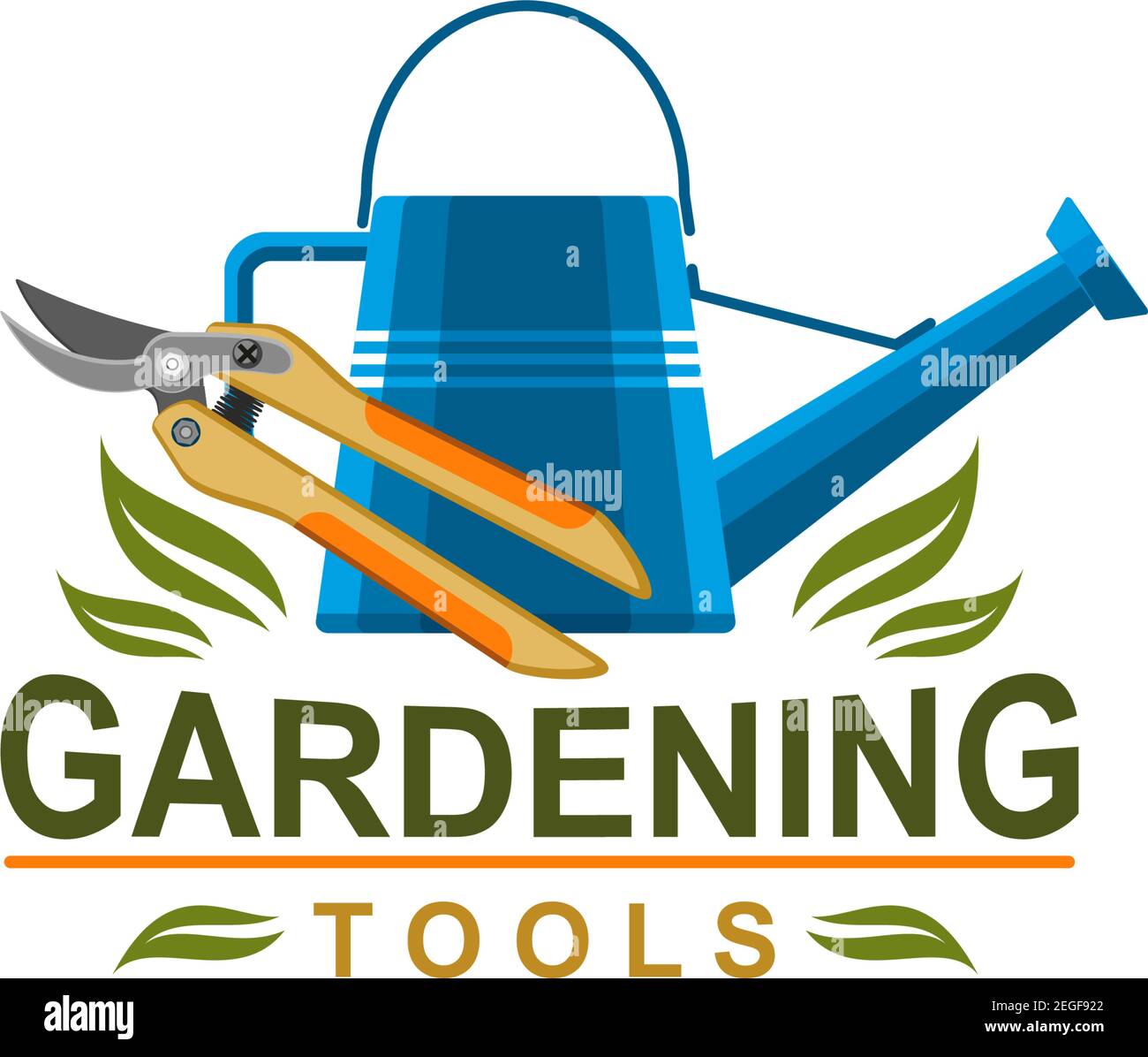 Gardening tools icon for farmer shop or garden farming store. Vector isolated symbol of watering can, green leaves and plant secateurs or pruner sciss Stock Vector