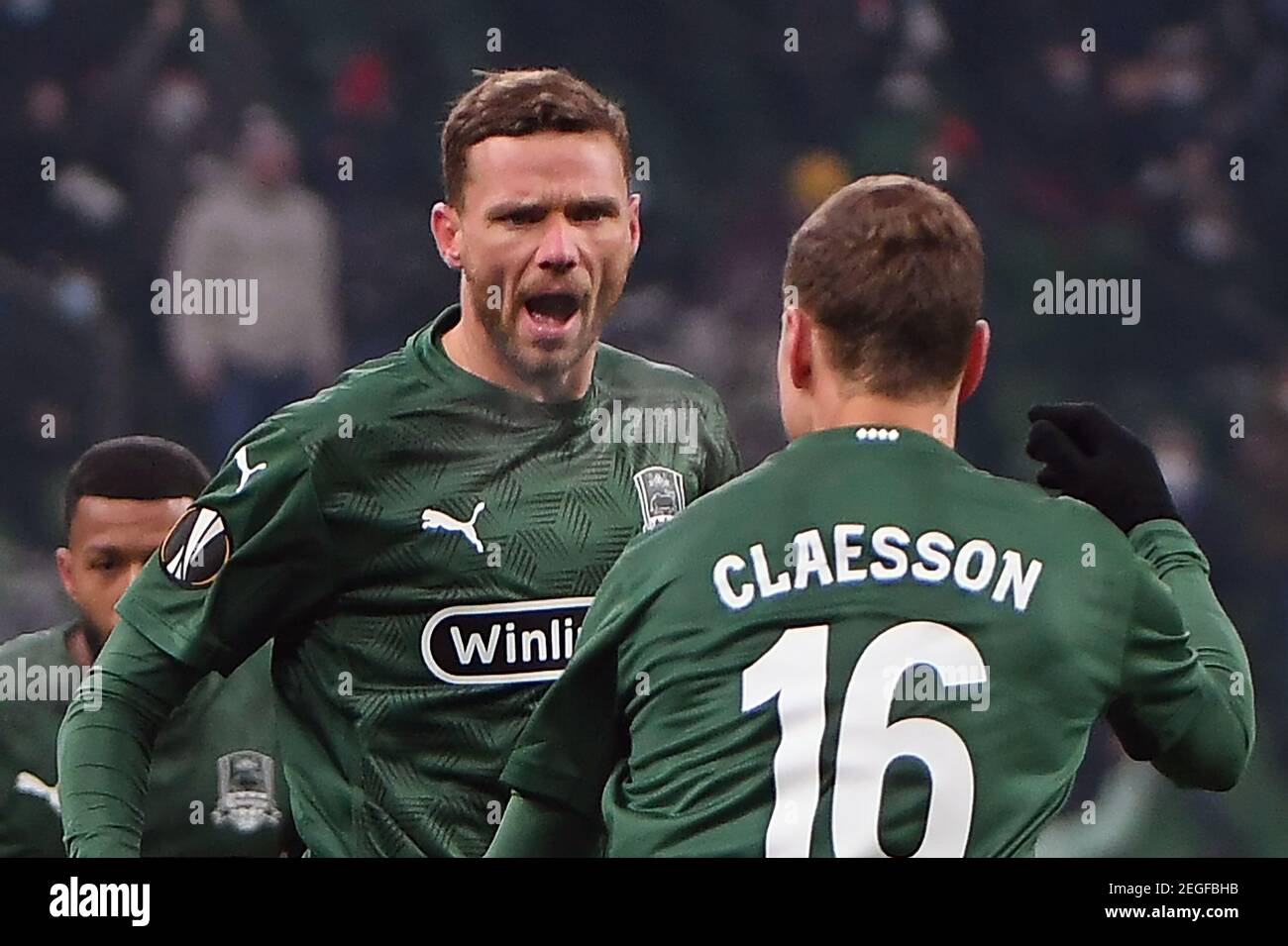 Krasnodar Russia 18th Feb 21 Krasnodar S Marcus Berg L Front Celebrates After Scoring A Goal In The First Leg Of The 21 Uefa Europa League Round Of 32 Football Match Between Fc