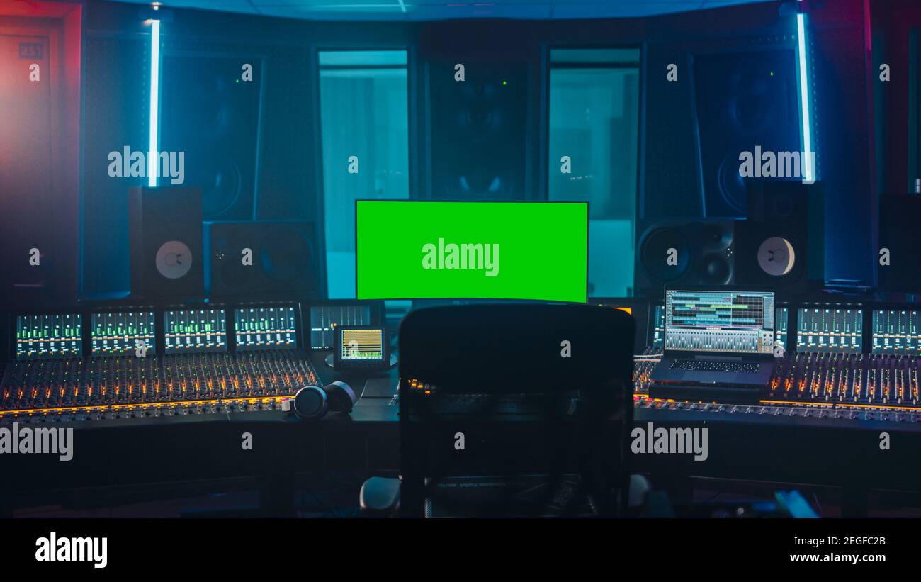 Modern Music Record Studio Control Desk with Green Screen Chroma Key