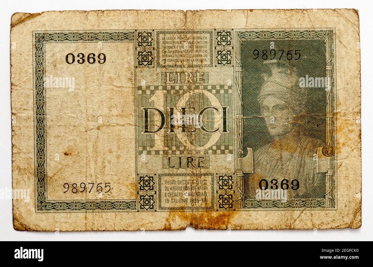 Old Italian Bank Note - Ten Lire Stock Photo