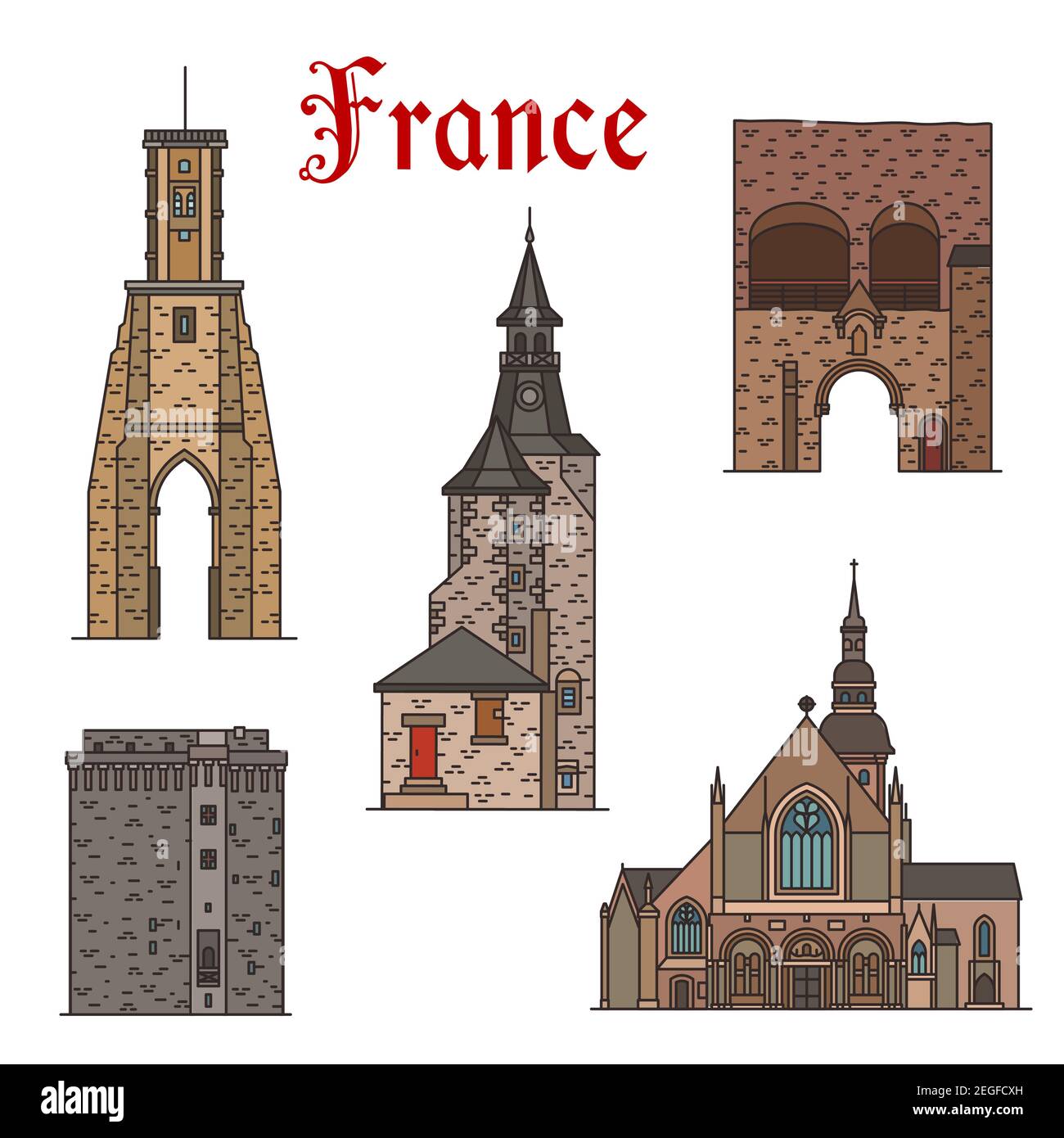 France famous landmark buildings and sightseeing architecture detailed icons. Vector guard tower in Calais and Horloge Tour, basilica and Gersoilles g Stock Vector