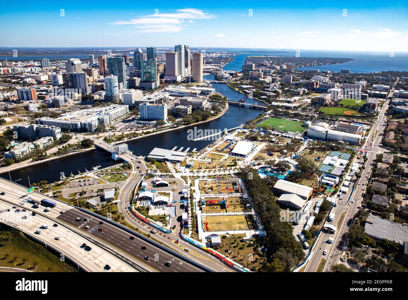 Aerial view of Raymond James Stadium practice fields and the city skyline in advance of Super Bowl LV February 2, 2021 in Tampa, Florida. Stock Photo