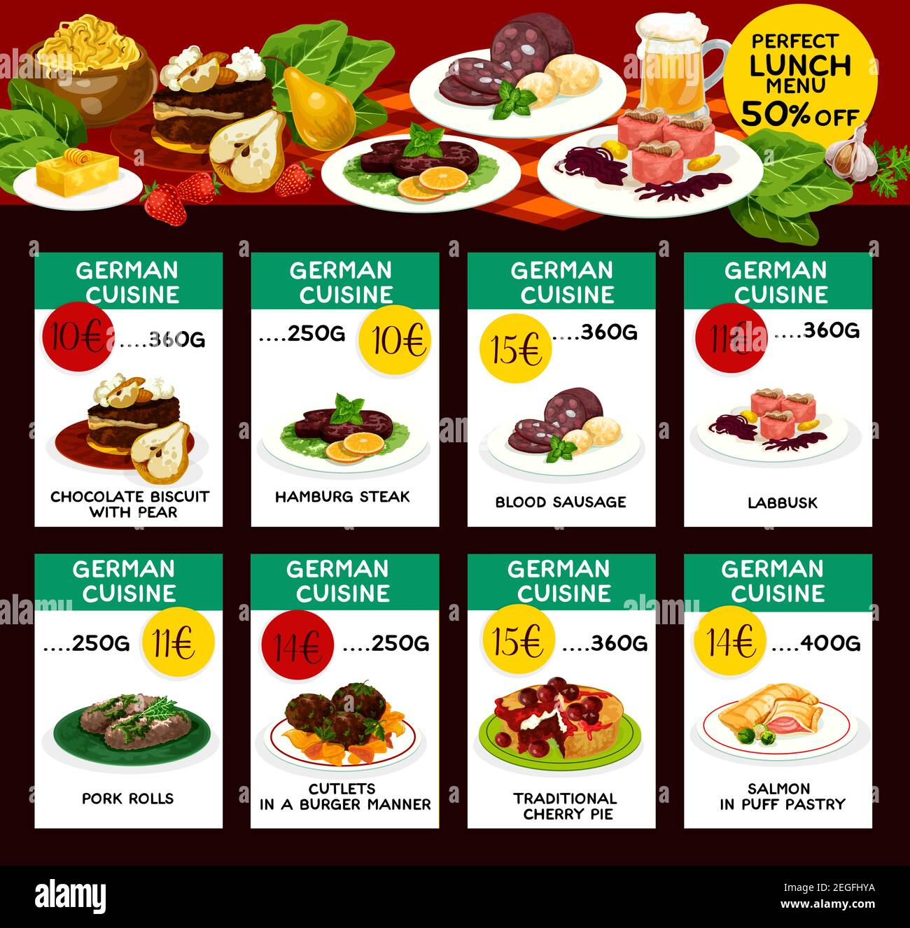 German cuisine traditional food menu price cards. Vector lunch offer