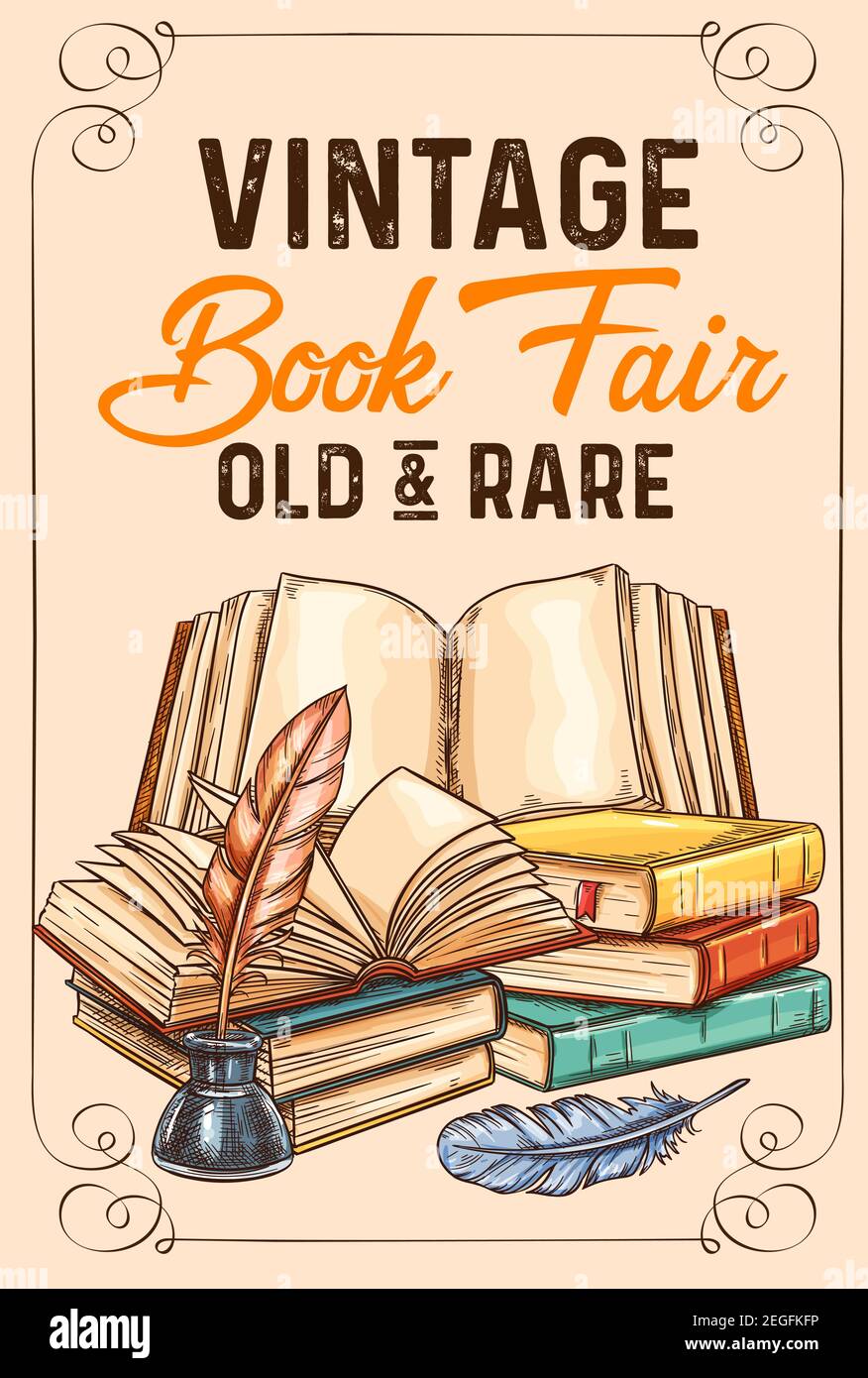 Old vintage books and rare literature sketch poster for library or bookshop and bookstore fair. Vector design of vintage book and writer writing stati Stock Vector