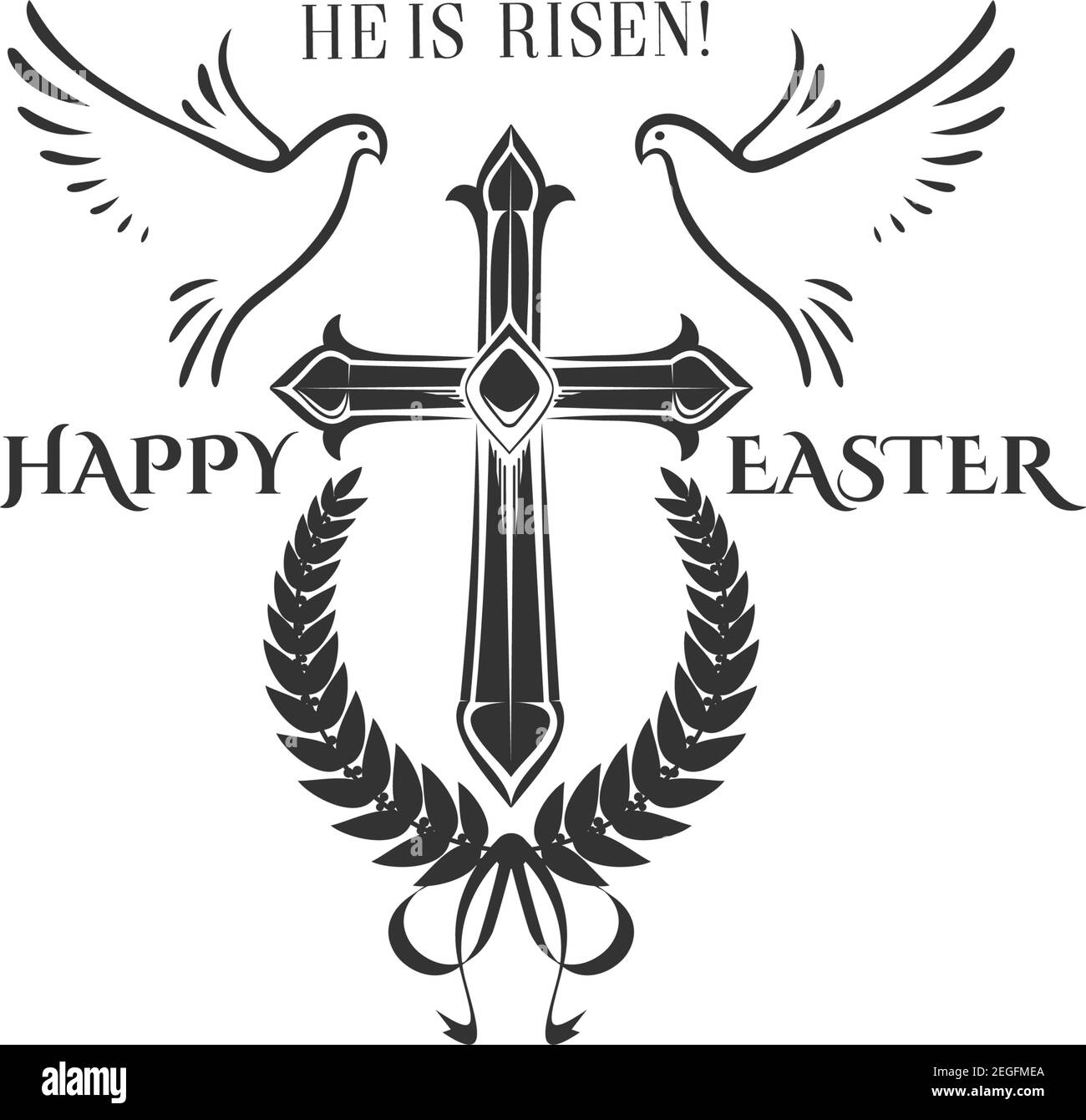 Happy Easter cross crucifix and flying doves icon for religious Easter